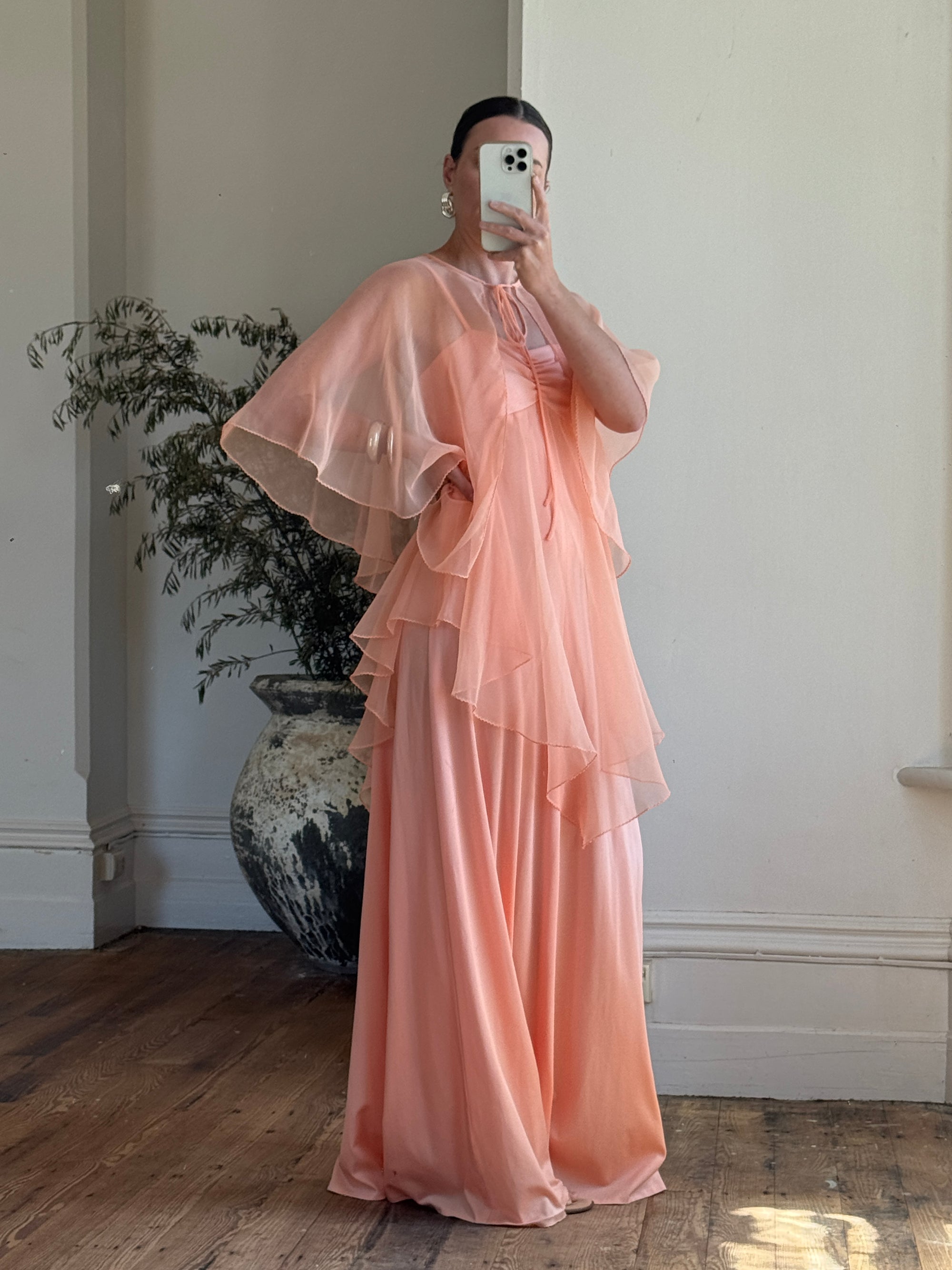 Vintage 70s Apricot Maxi Dress with Sheer Cape – Call Me The Breeze