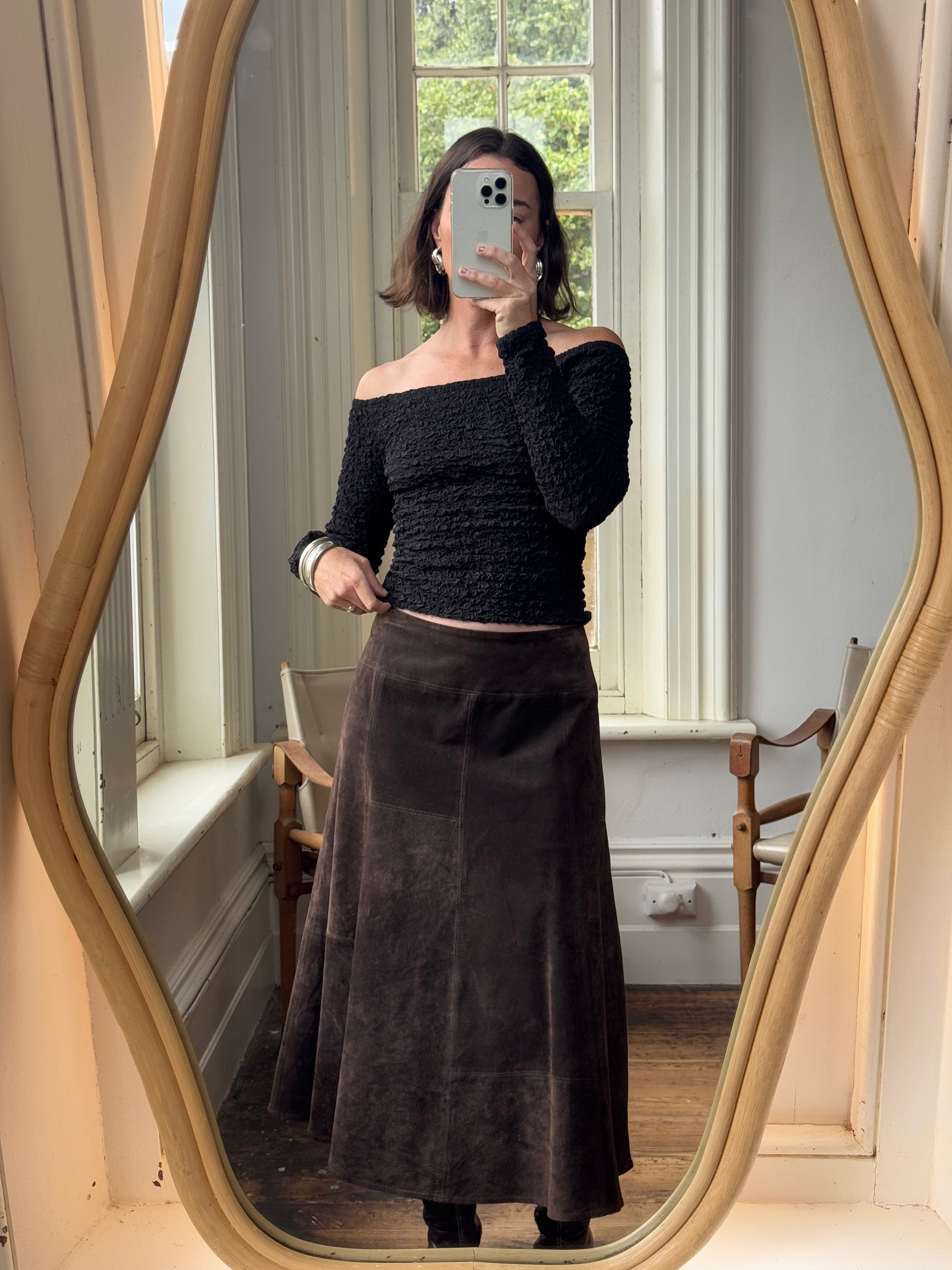 Vintage 90s Chocolate Patchwork Suede Leather Skirt