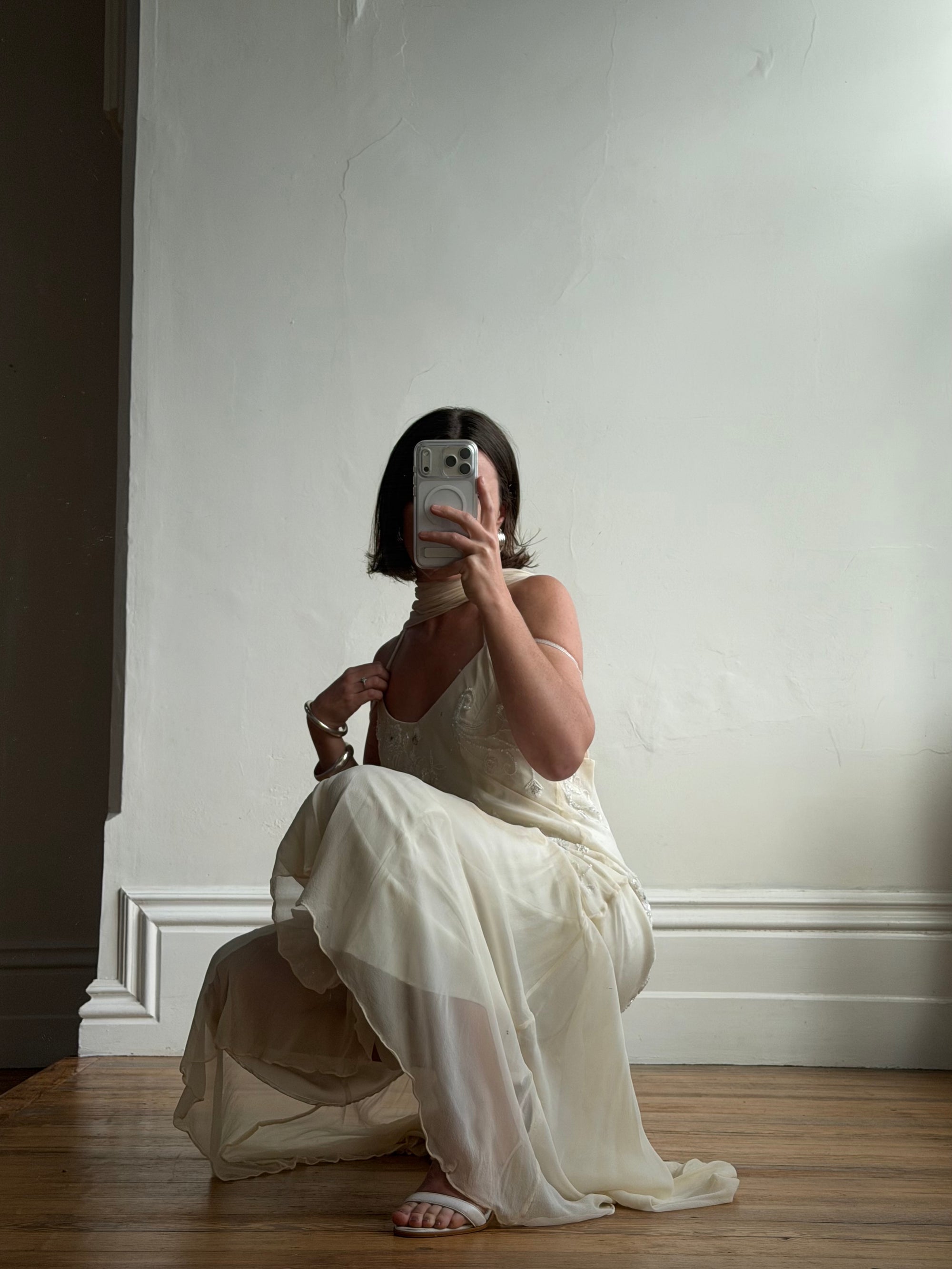 Vintage 90s Pure Silk Embellished Midi Dress With Scarf Creme