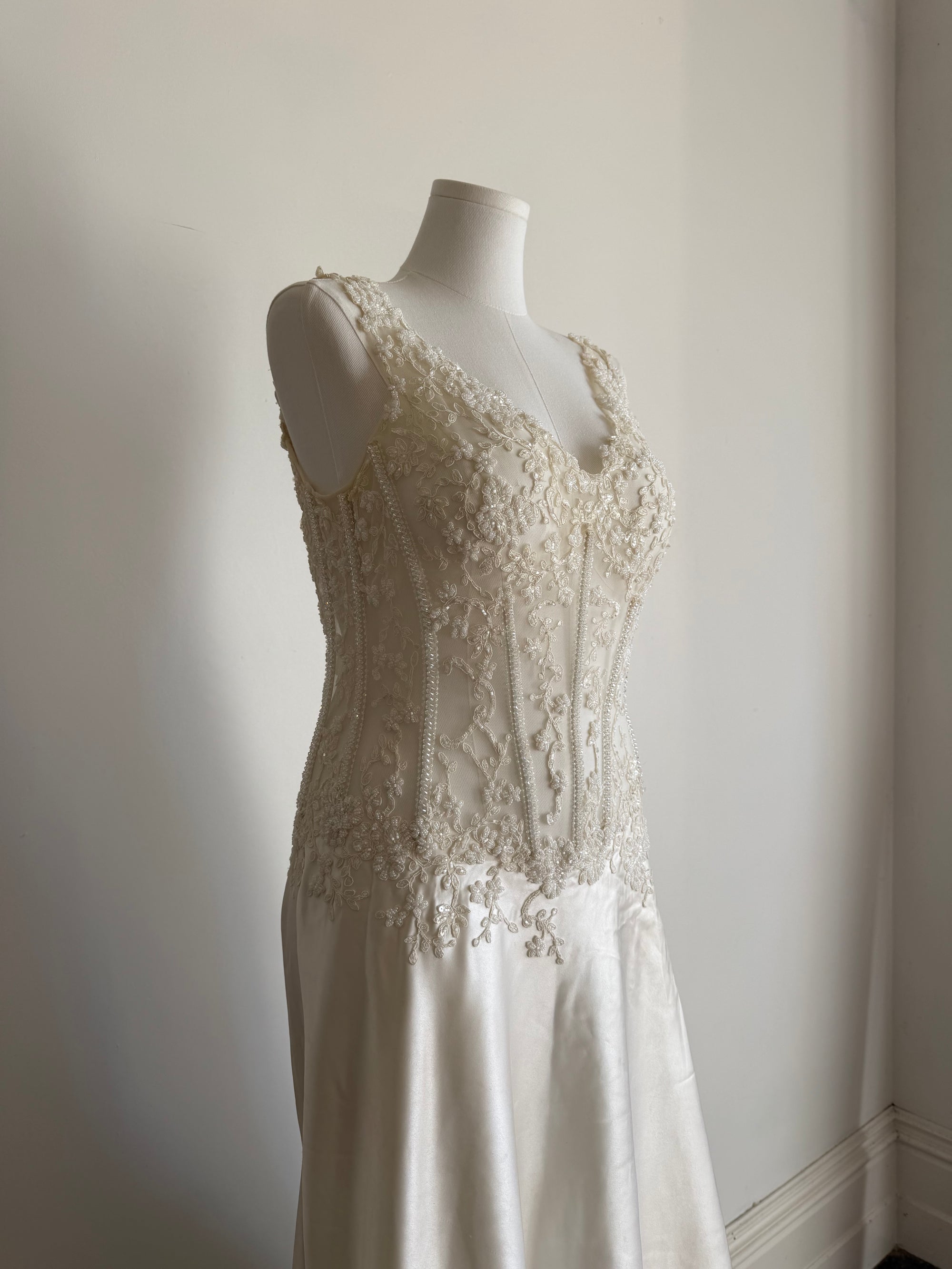 Vintage 90s Italian Naked Embroidered Satin Wedding Dress