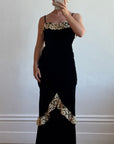 Vintage 40s Velvet Bias Strappy Dress with Lace Trim Noir