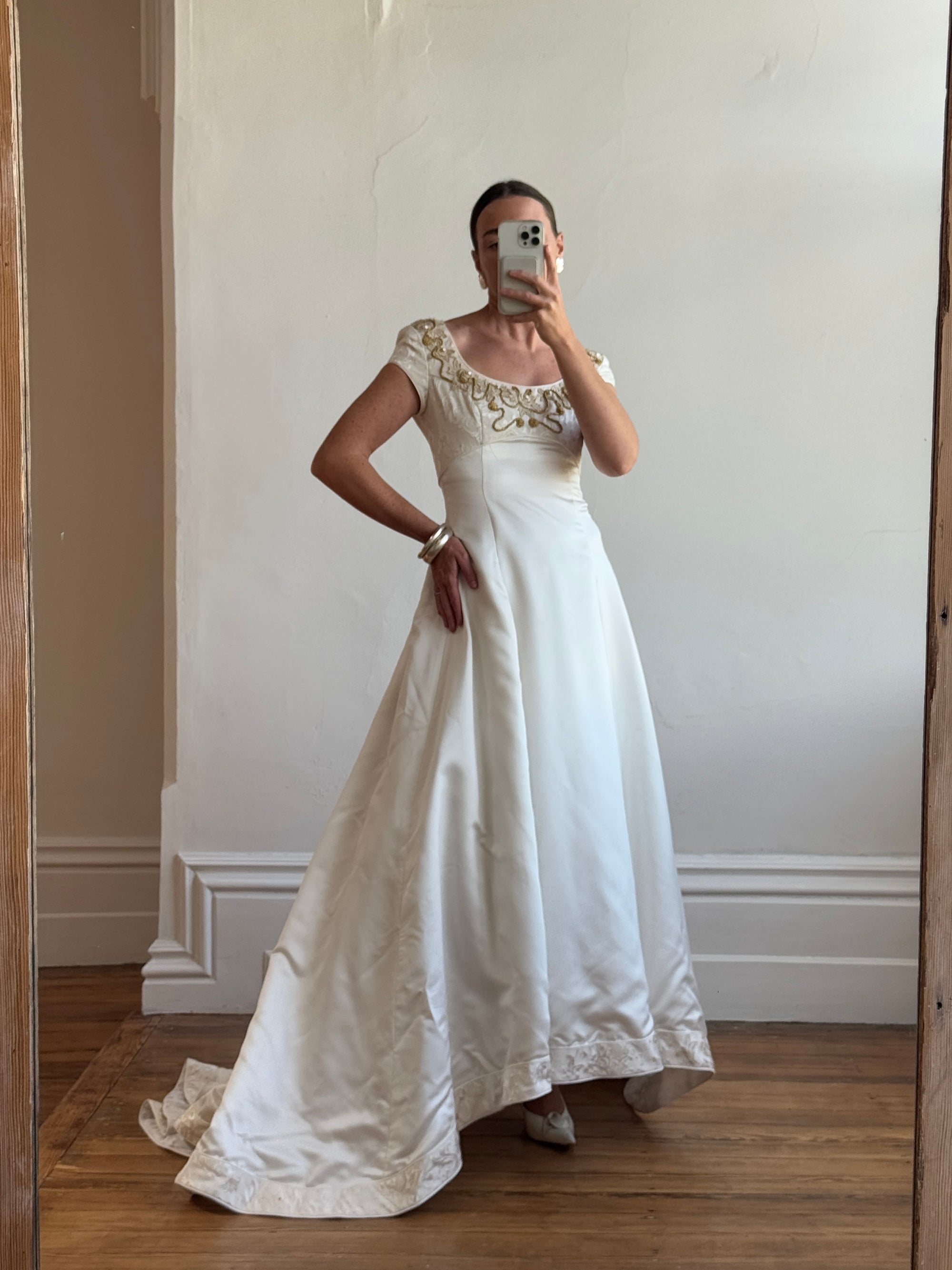Vintage 90s Golden Brocade Cap Sleeve Wedding Gown