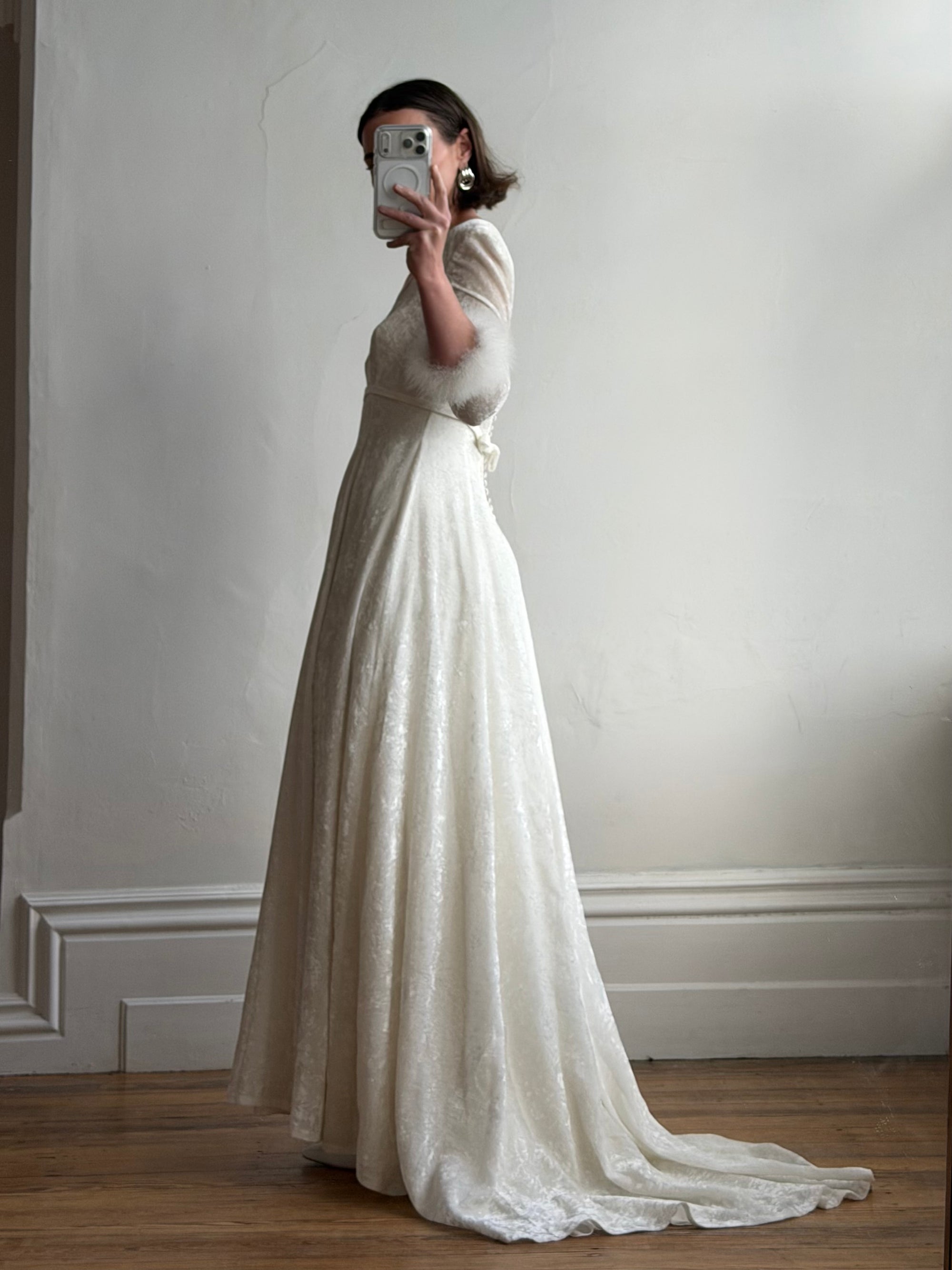 Vintage 90s Italian Velvet Long Sleeve Feather Wedding Gown