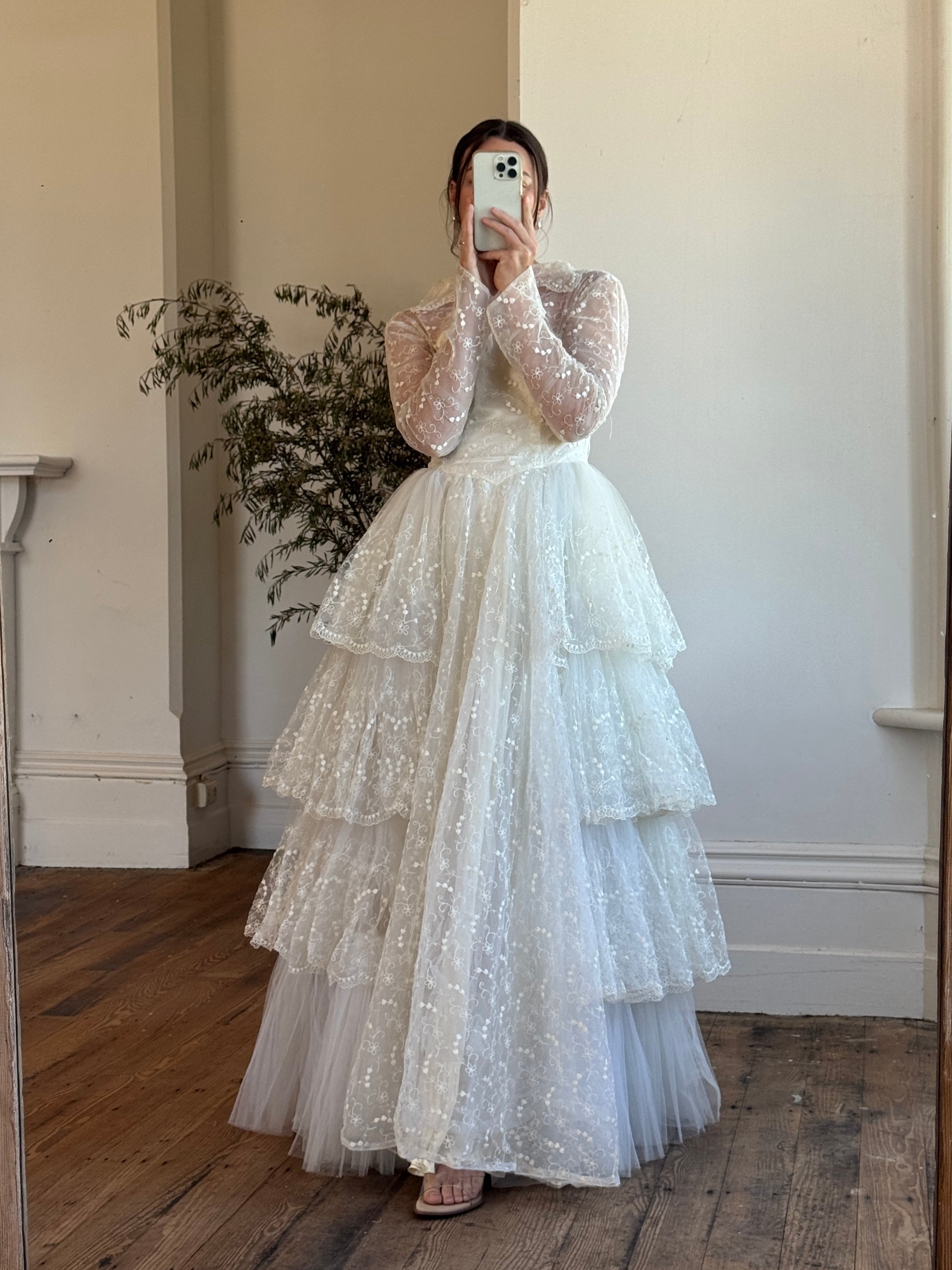 Vintage 70s Tiered Lace and Tulle Long Sleeved Wedding Gown