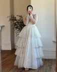 Vintage 70s Tiered Lace and Tulle Long Sleeved Wedding Gown