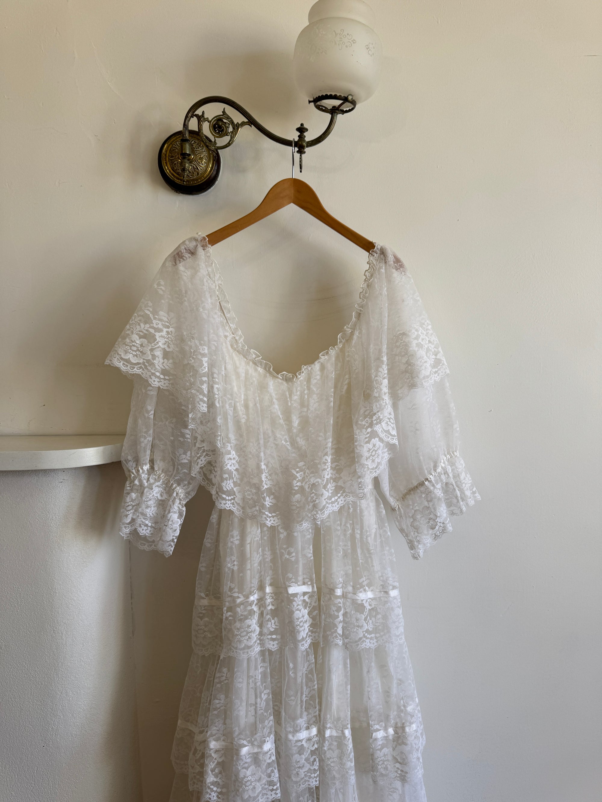 Vintage 70s Tiered Lace Ruffle Wedding Gown