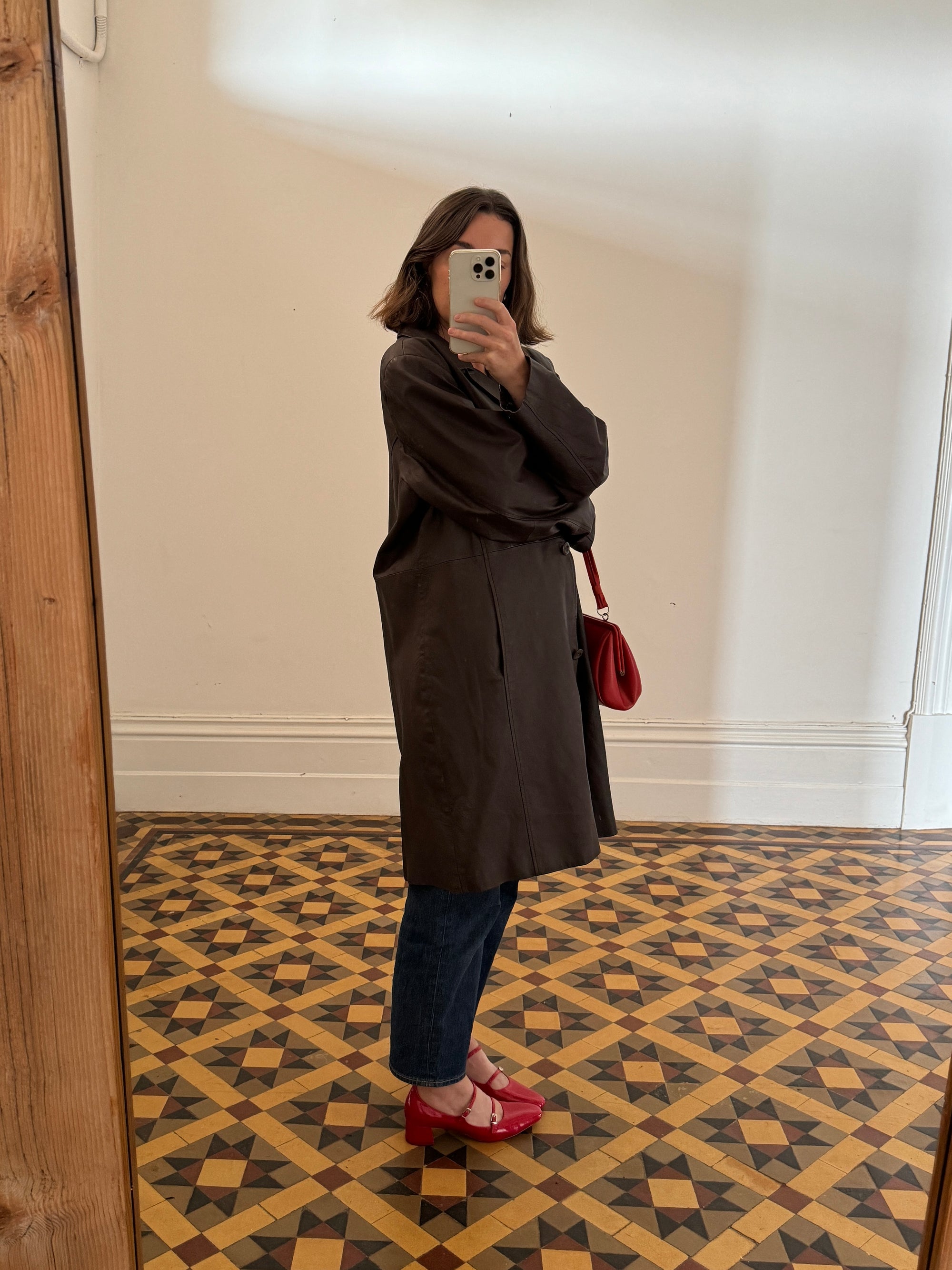 Vintage 90s Leather Trench Coat Deep Brown