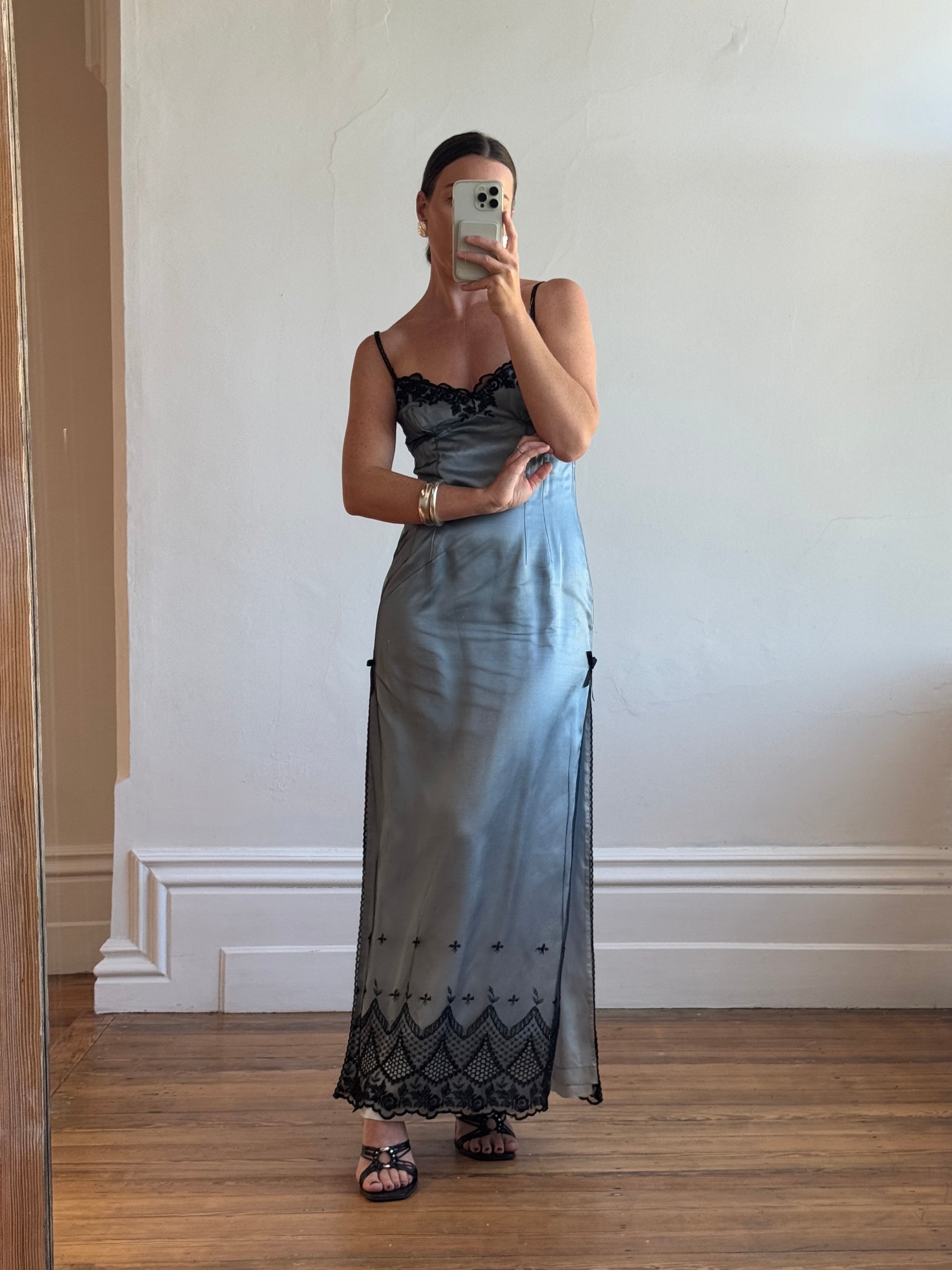 Vintage 90s Mesh Strappy Slip Dress Blue Satin Noir – Call Me The Breeze