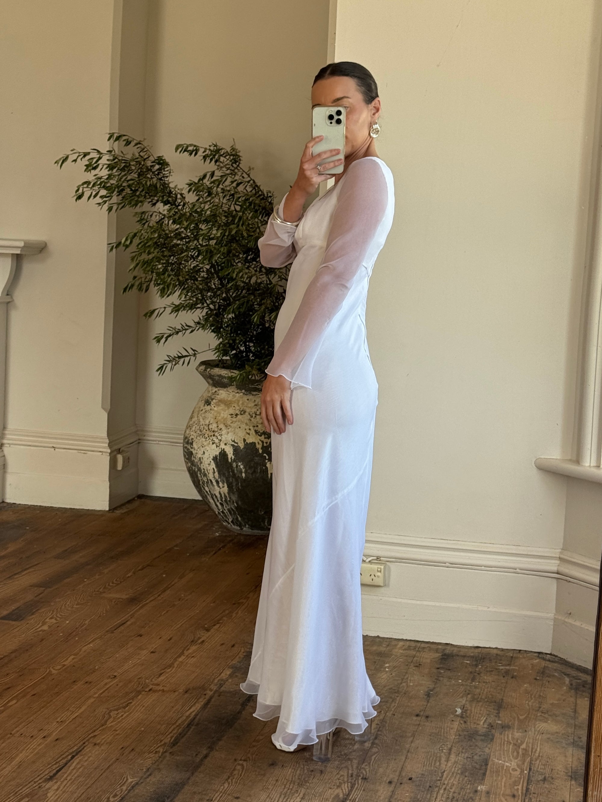 Vintage 90s Sheer Organza Long Sleeve Empire Bridal Dress