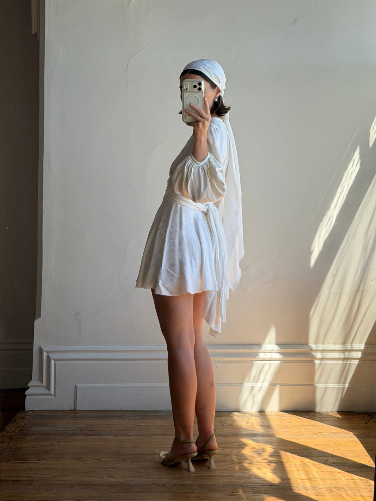 Vintage 70s Satin Jacquard Poet Sleeve Mini Dress