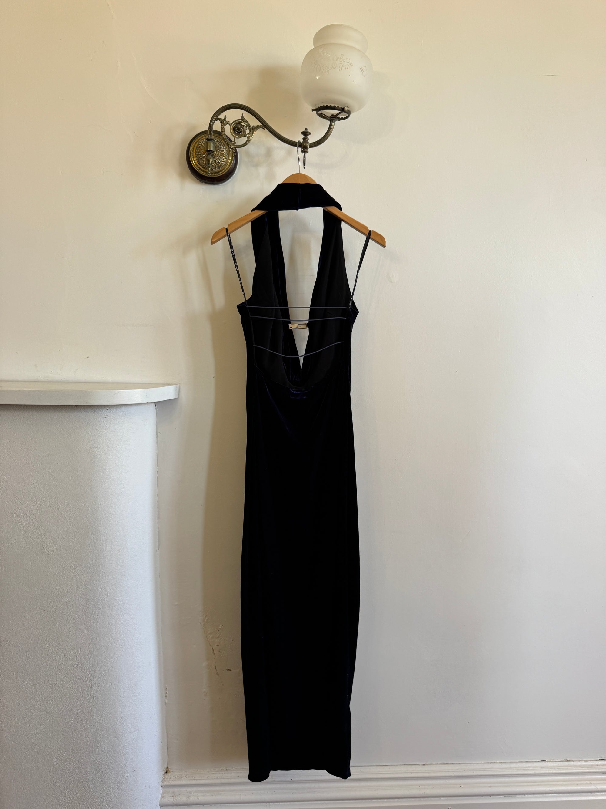 Vintage 90s Plunging Navy Velvet Bodycon Dress with Silver Hardware