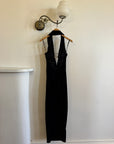 Vintage 90s Plunging Navy Velvet Bodycon Dress with Silver Hardware