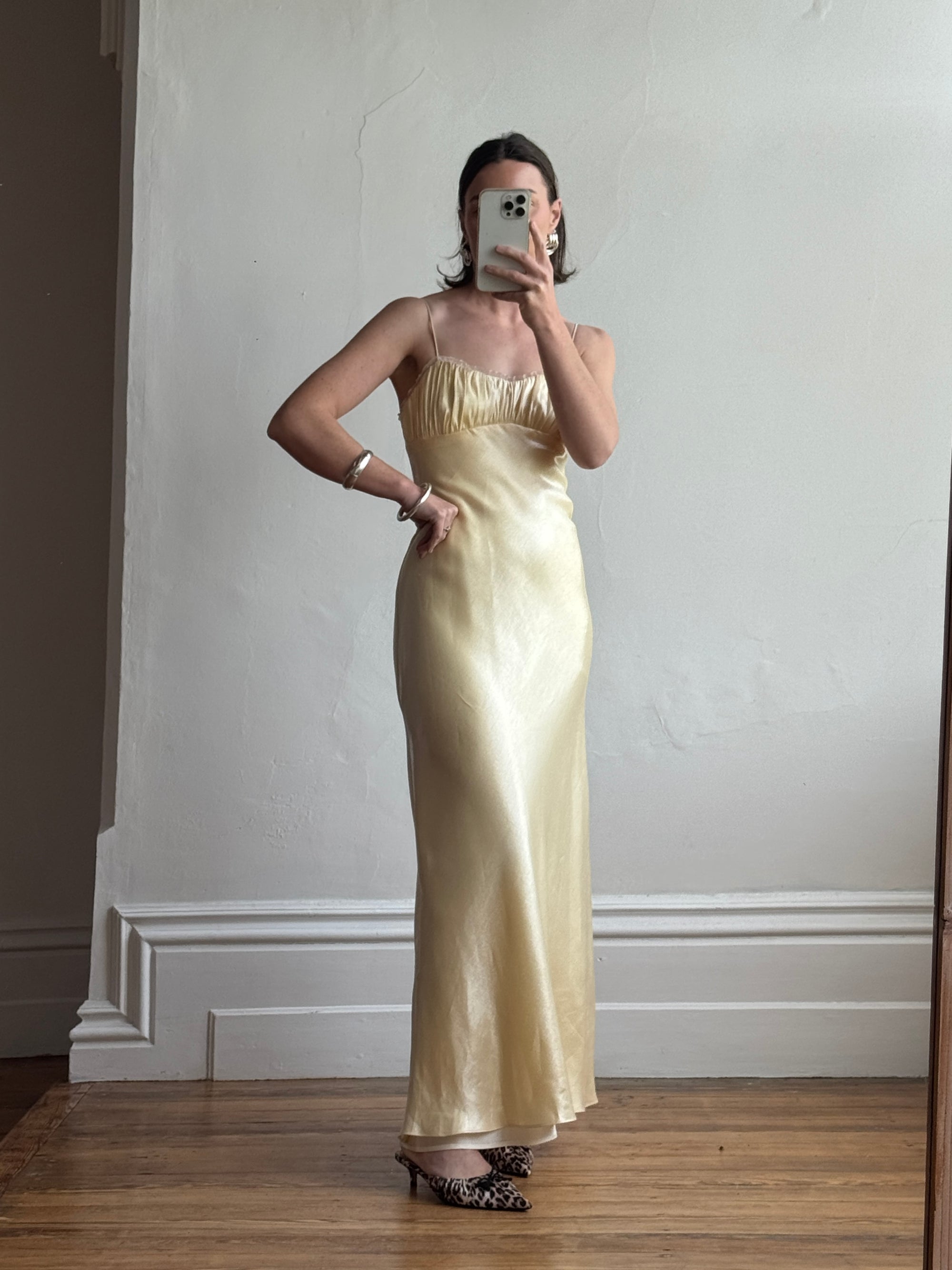 Vintage 90s Butter Yellow Organza Bias Slip Dress