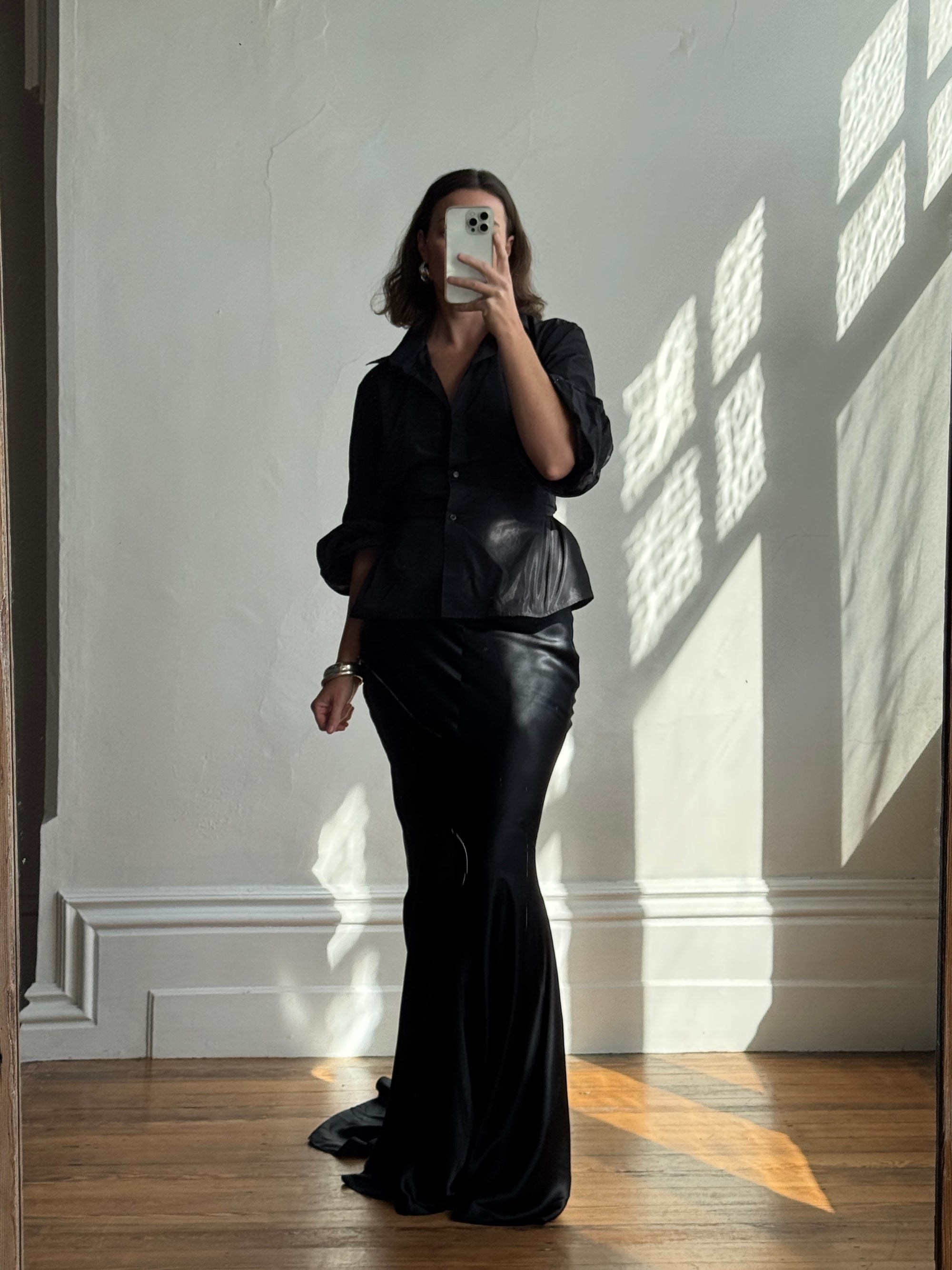 Vintage 90s Taffeta Button Up Structured Blouse Noir