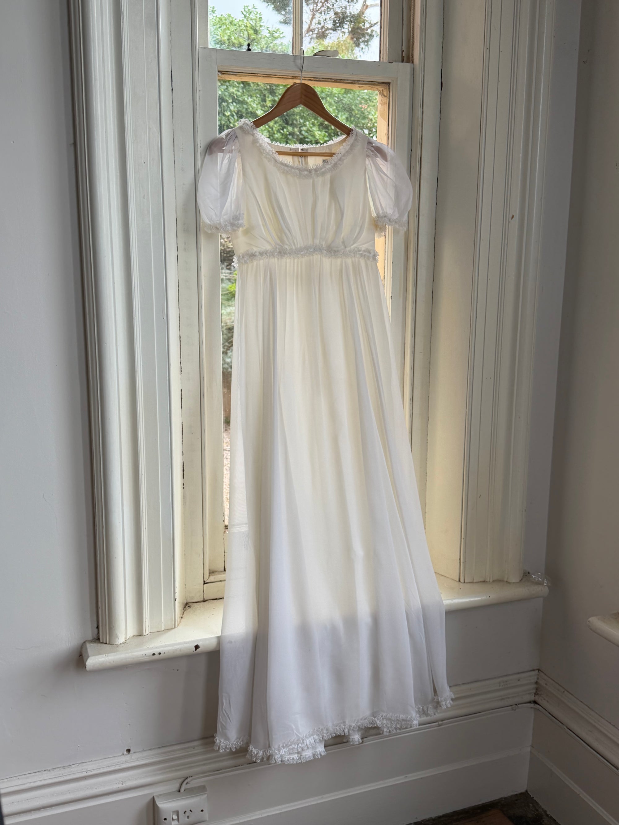 Vintage 70s White Chiffon Smocked Puff Sleeve Wedding Dress