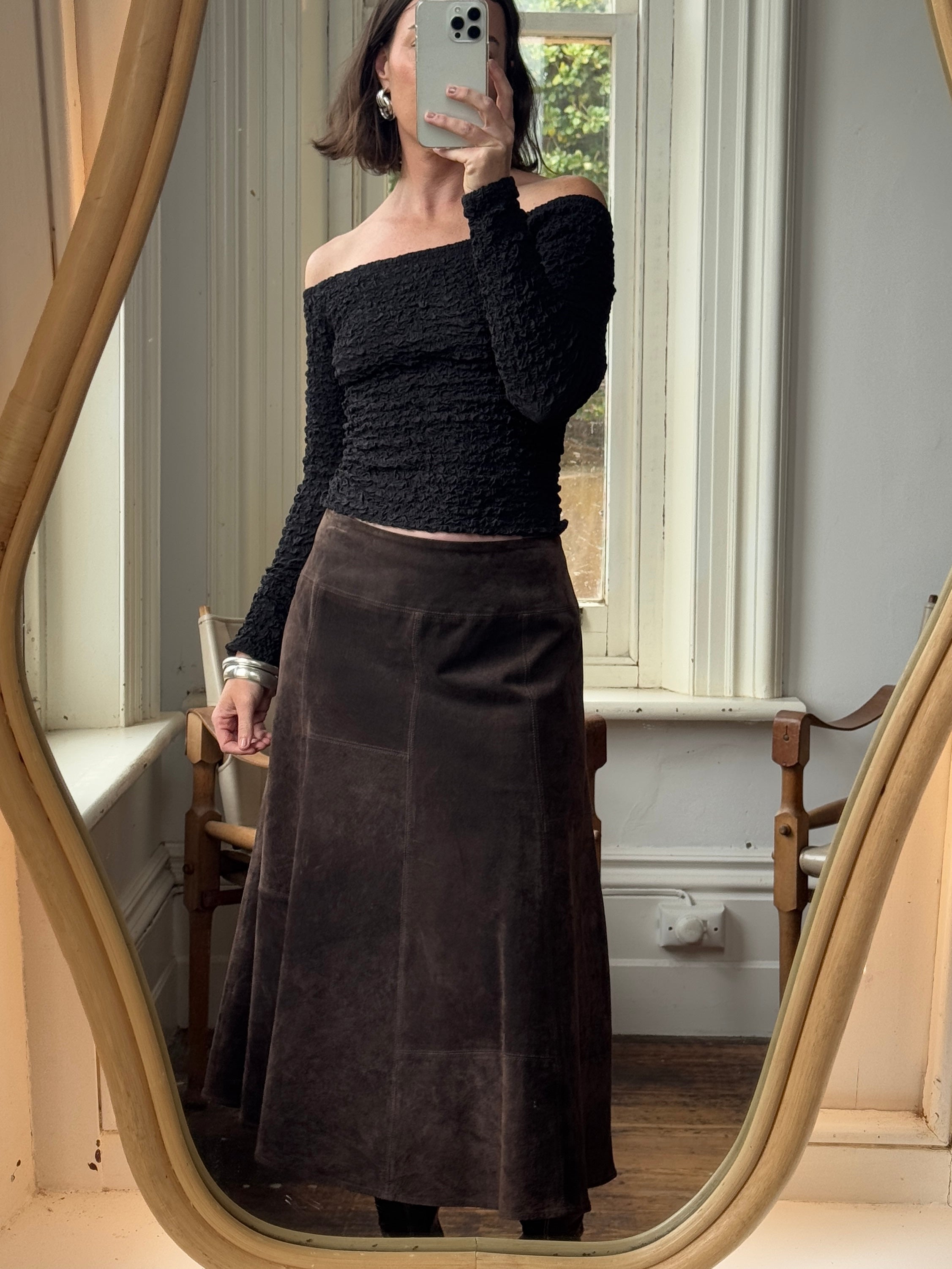 Vintage 90s Chocolate Patchwork Suede Leather Skirt