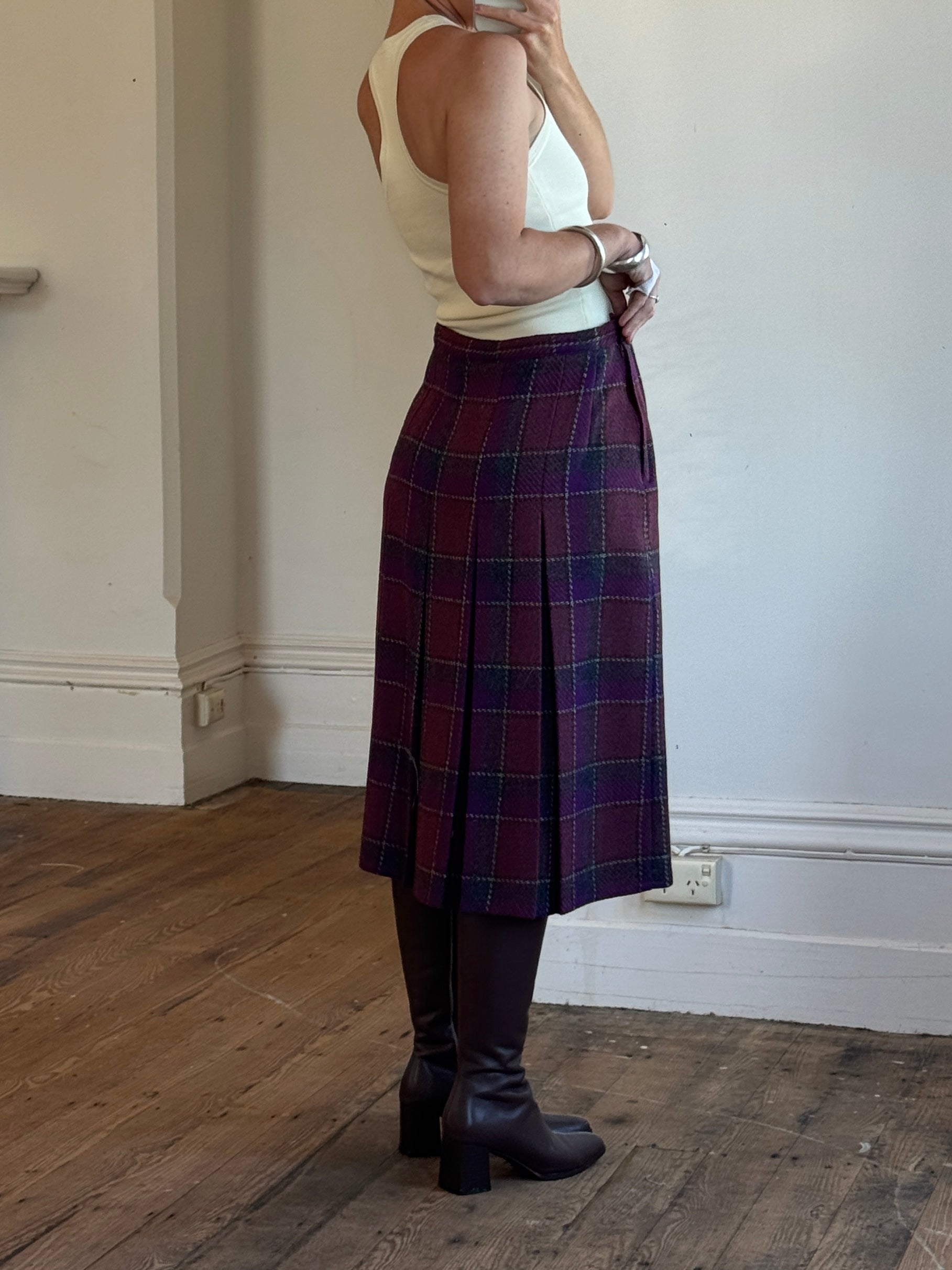 Vintage Wool Blend Plaid Pleated Skirt Plum