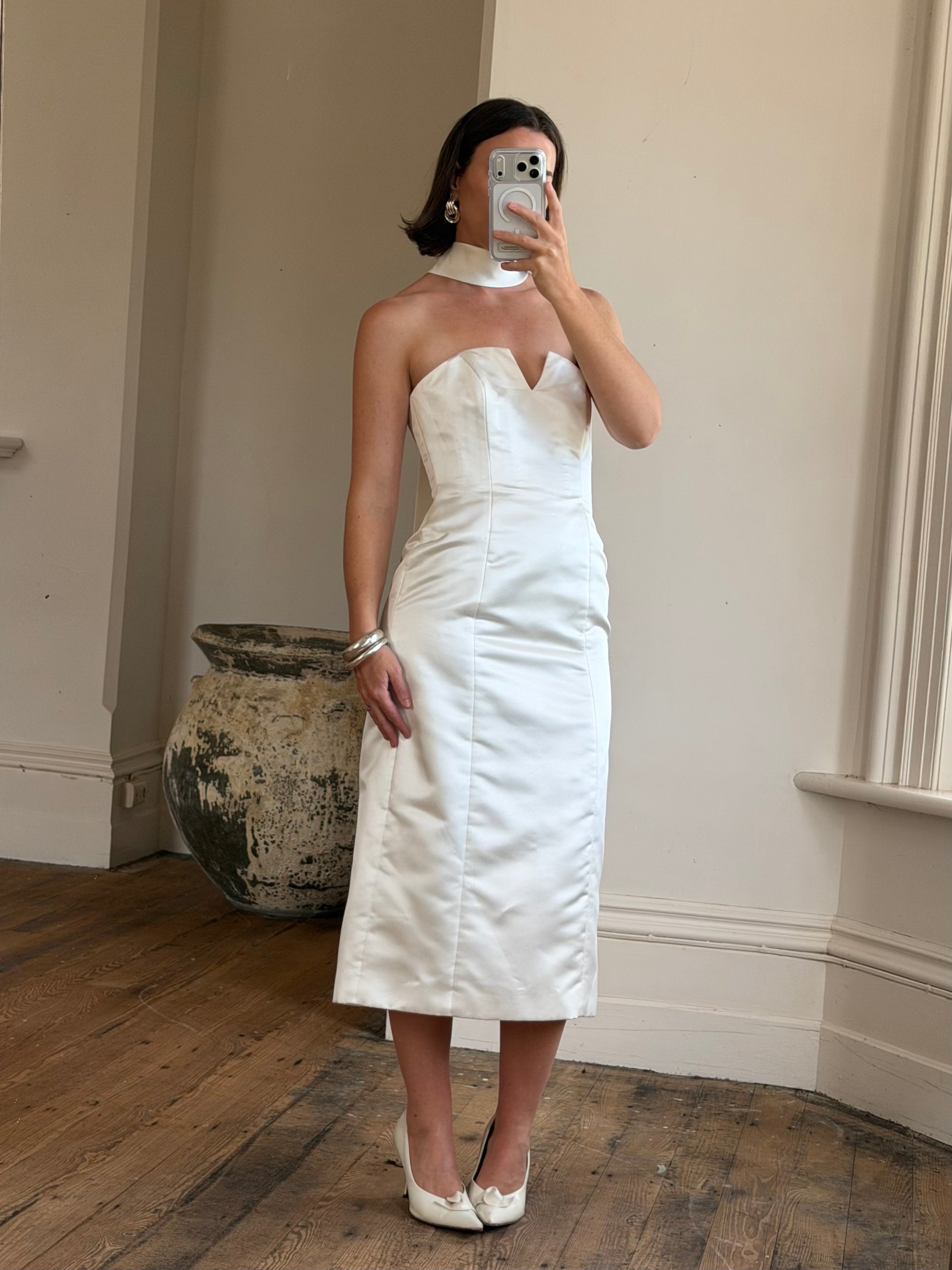 Vintage 90s Satin Strapless Bridal Midi With Neck Tie