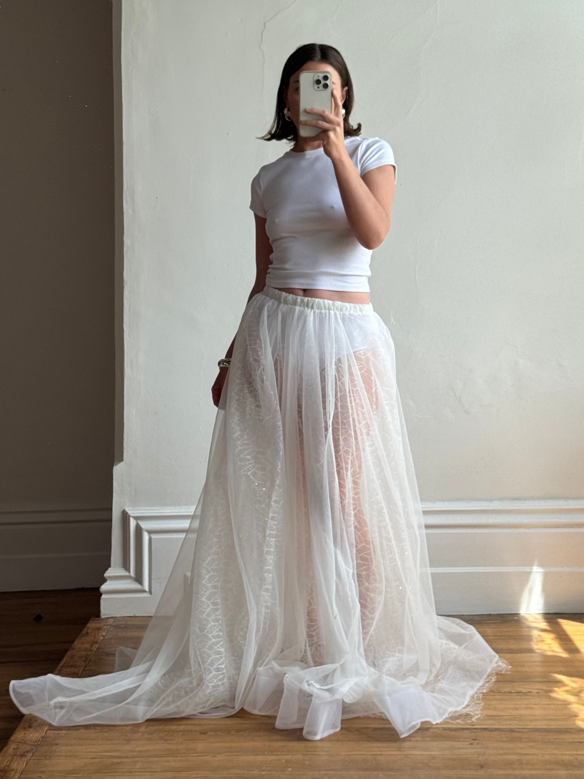 Vintage 80s Sheer Organza Webbed Lace Bridal Skirt