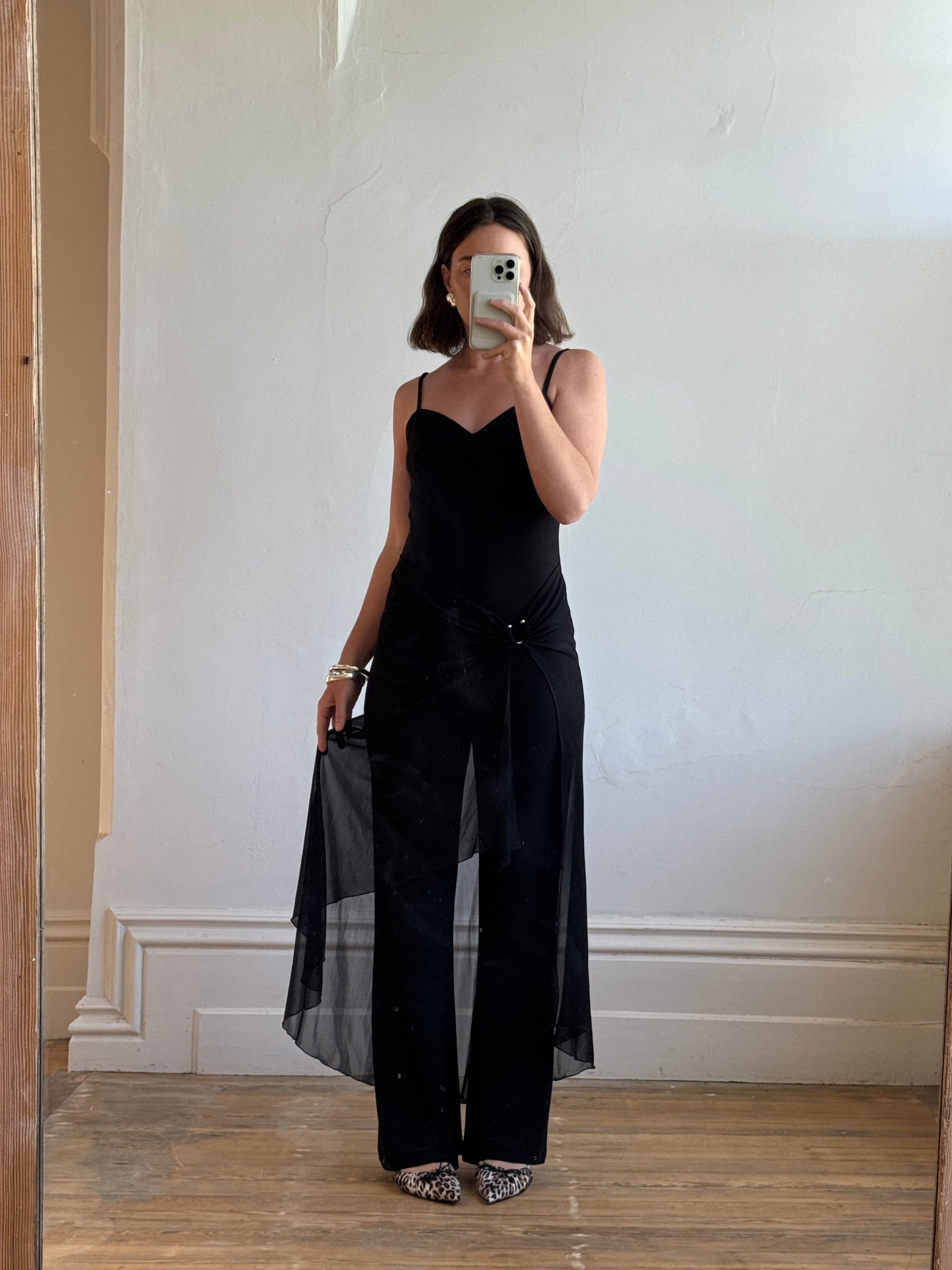 Vintage 90s Strappy Pantsuit with Sheer Skirt Overlay Noir