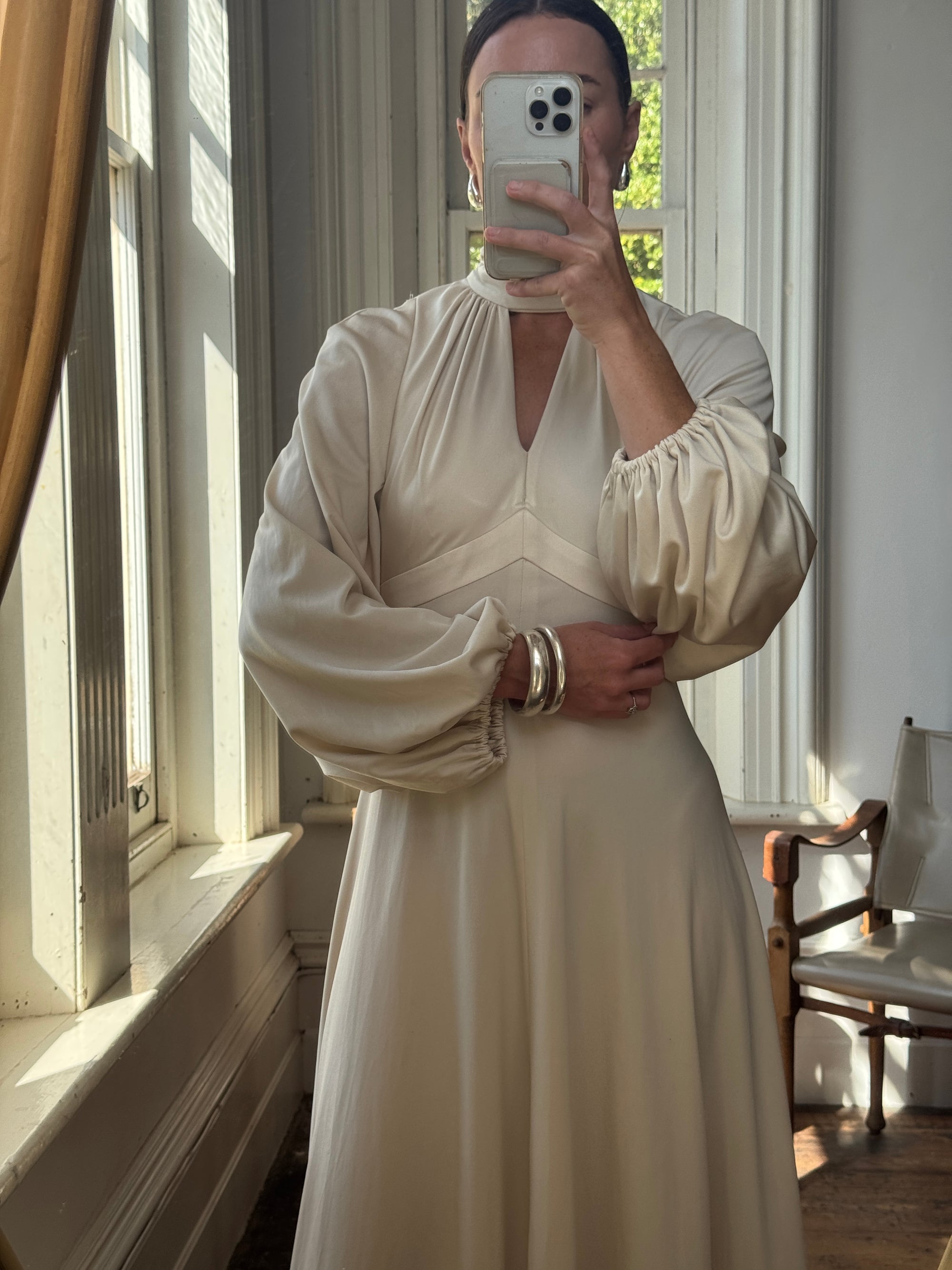 Vintage 70s Jersey High Neck Maxi Dress Creme