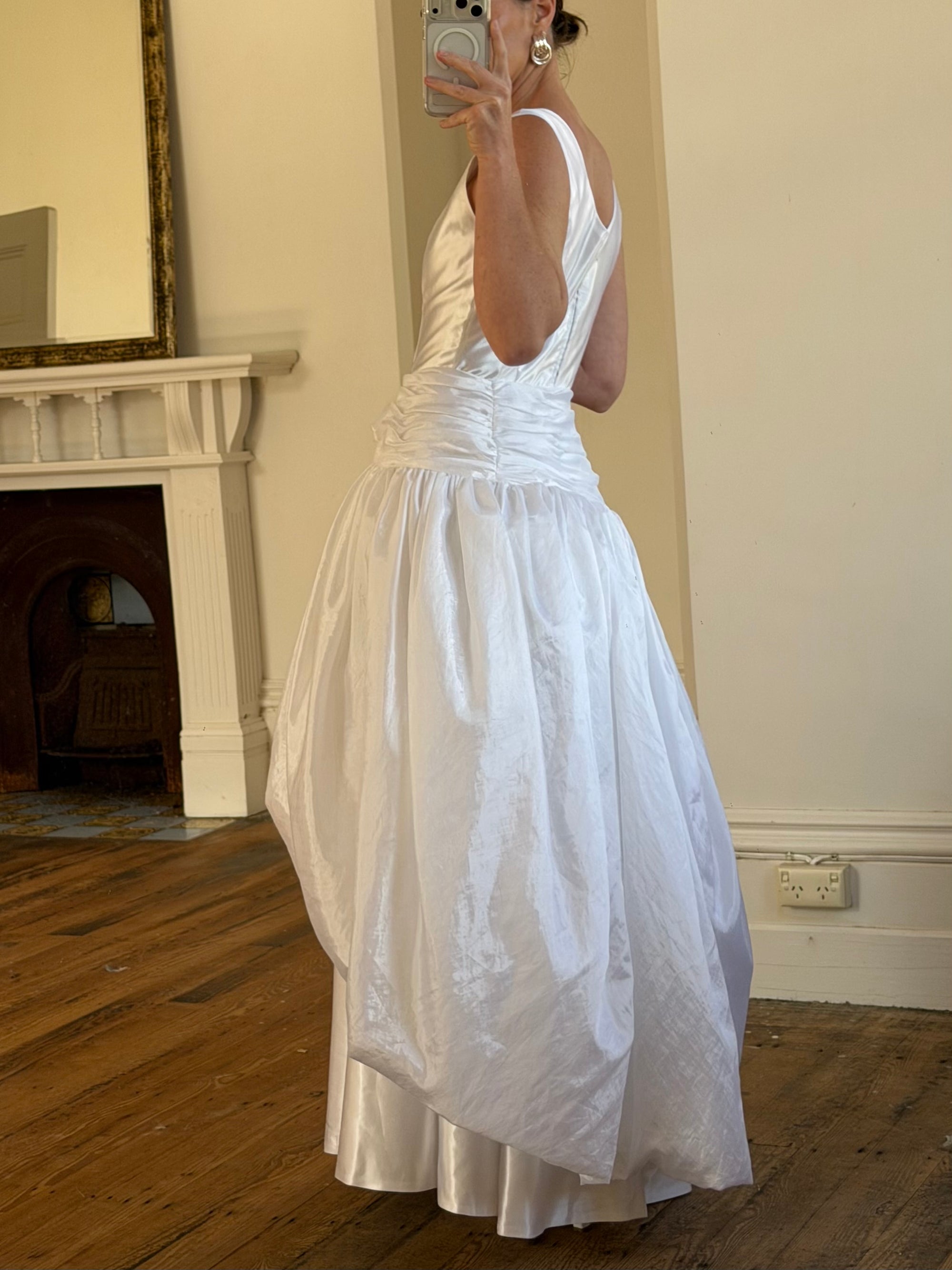 Vintage 90s Strappy Wedding Dress With Rosette Cape Pearl