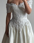 Vintage 90s Embellished Off Shoulder Satin Wedding Gown