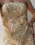 Vintage 90s Strapless Cream Ribbon Bead Embroidered Midi