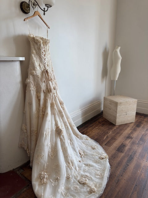 Vintage 90s Haute Couture 3D Floral Strapless Wedding Gown
