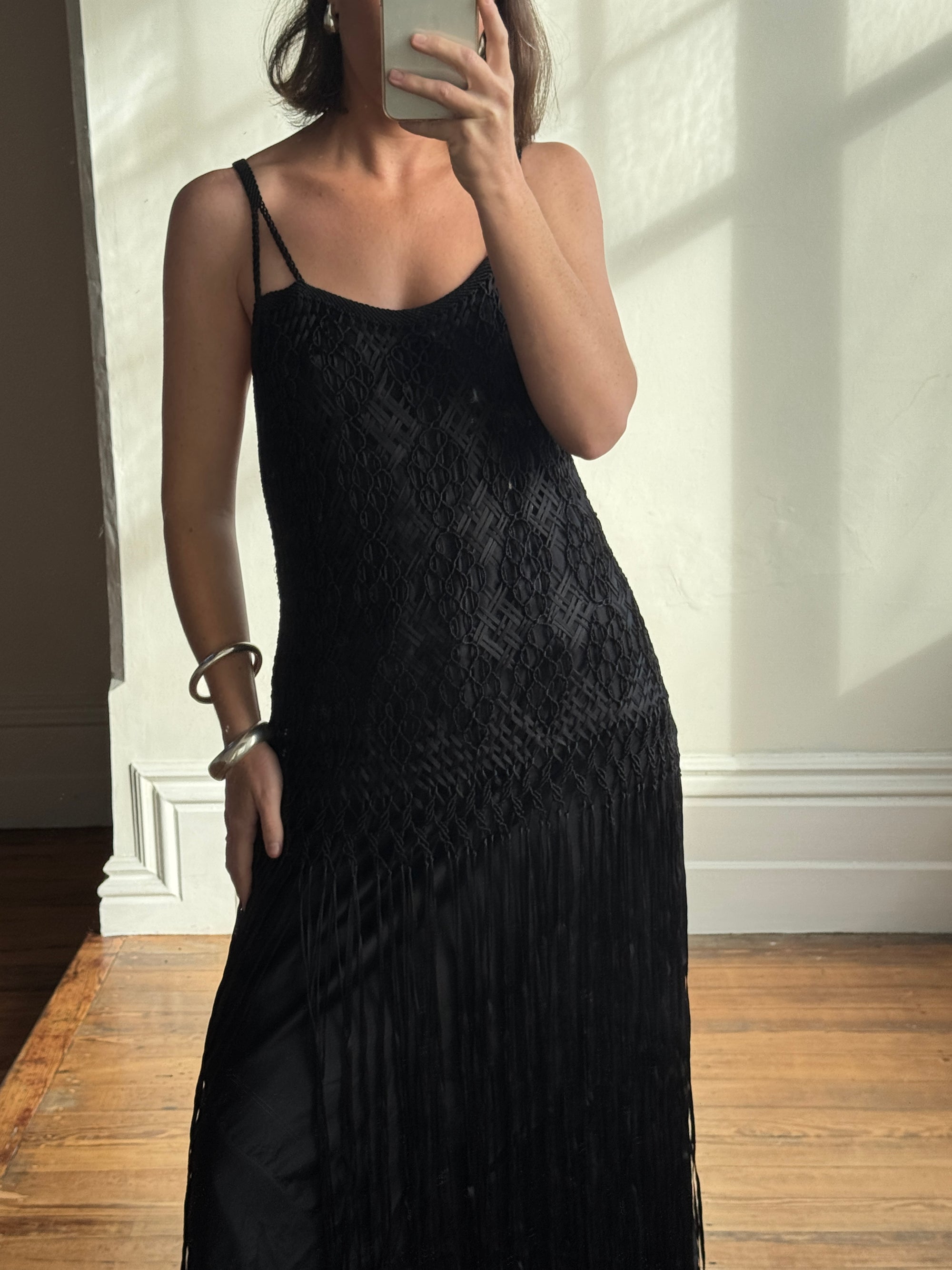 Vintage 90s Silk Crochet Tassel Midi Noir