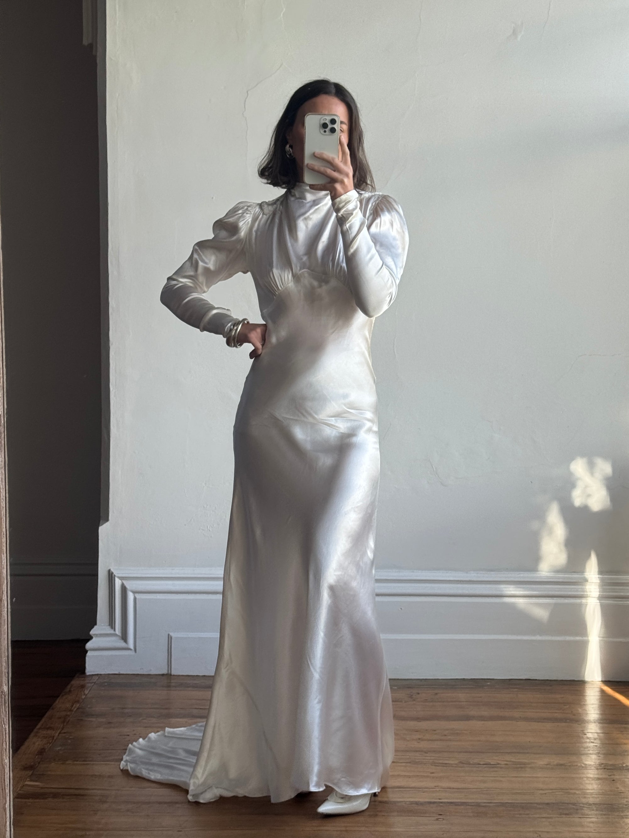 Vintage 40s Liquid Satin Beaded Wedding Gown with Chapel Train