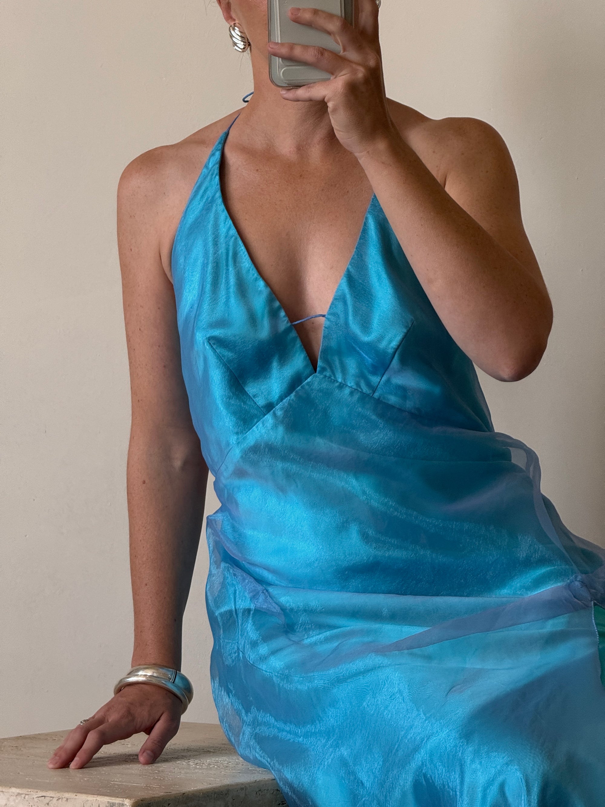Vintage 90s Aquamarine Bias Cut Halter