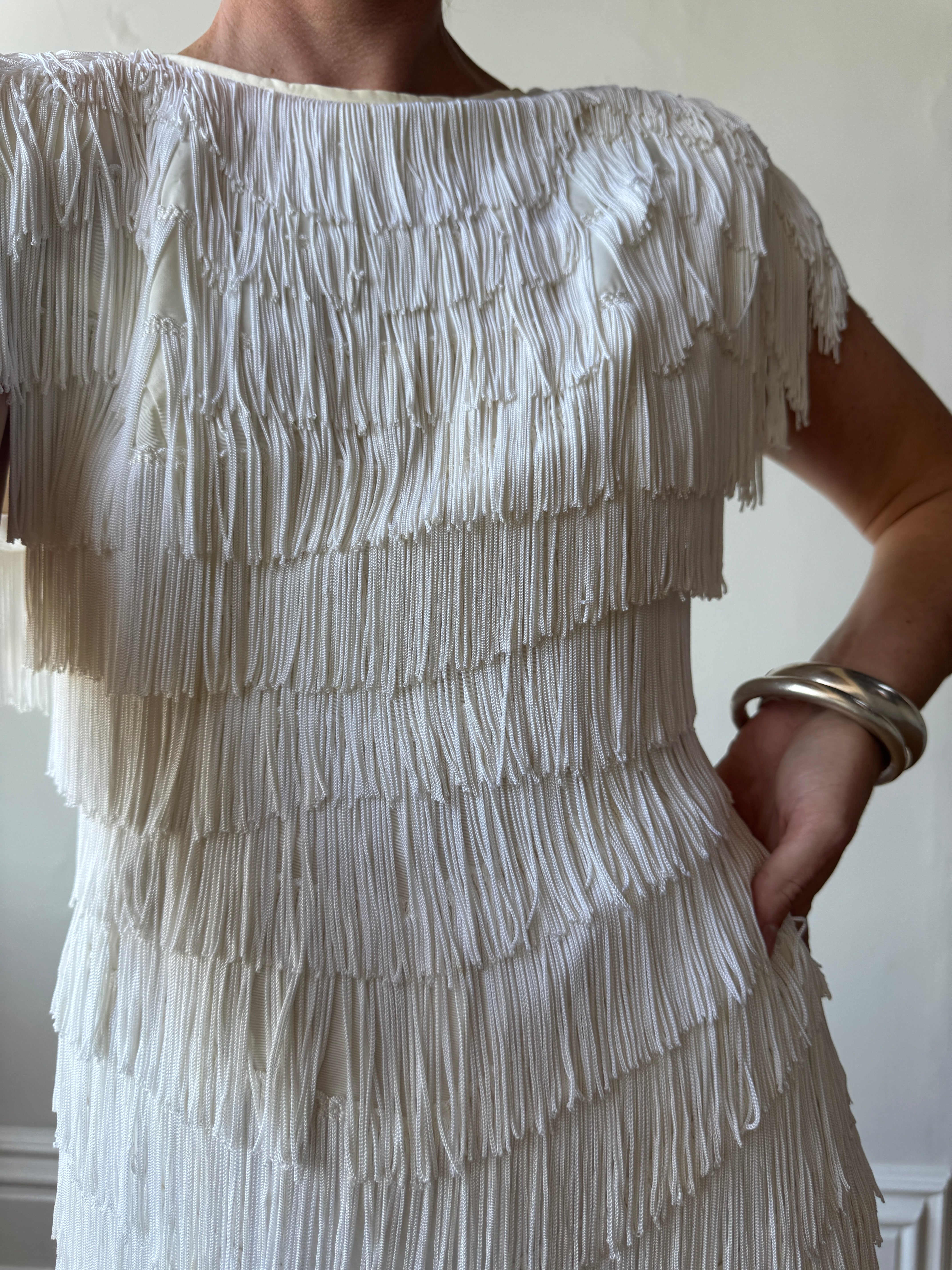 Vintage 80s Fringed Mini Party Dress Ivory