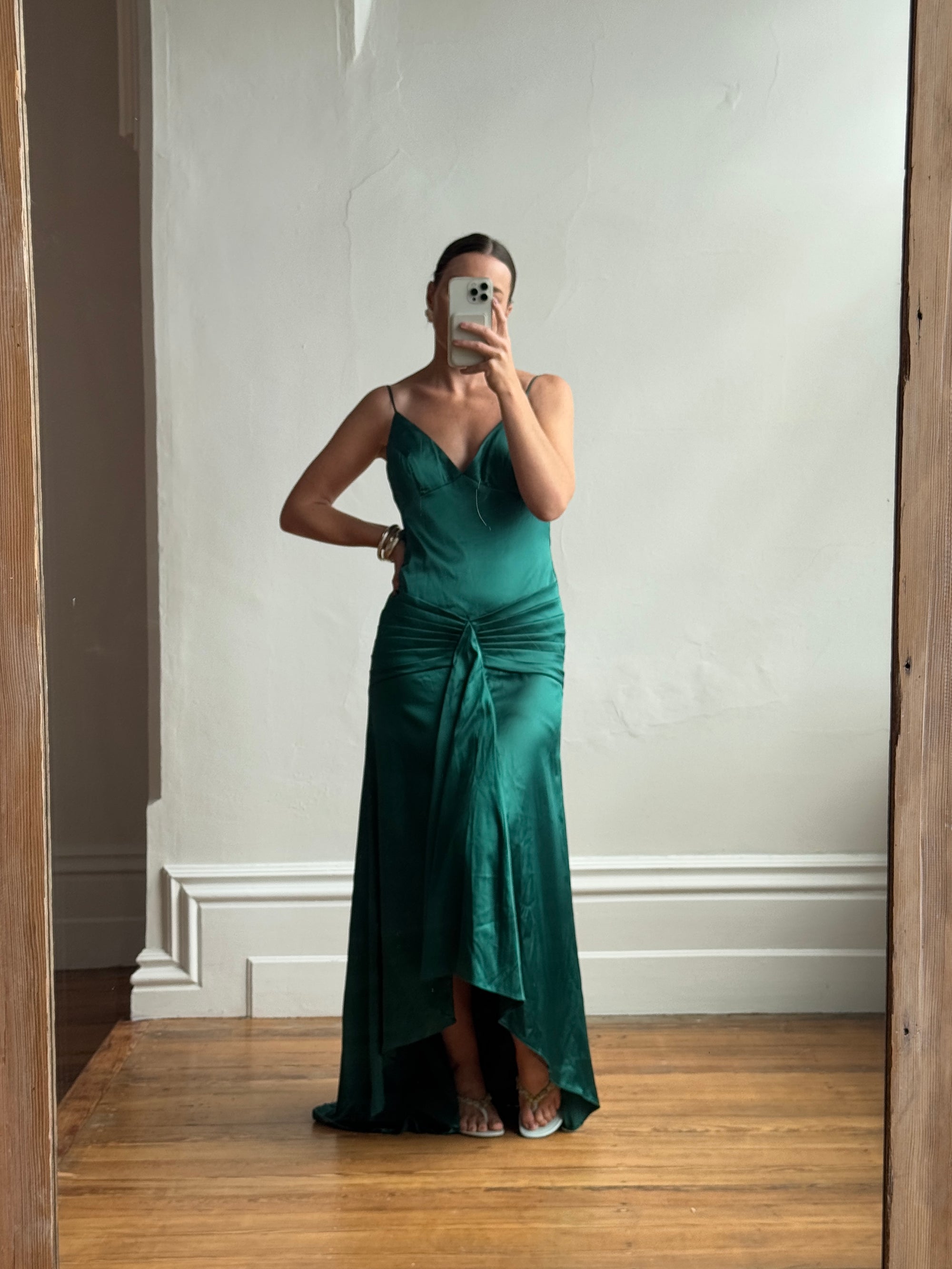 Vintage 90s Satin Drop Waist Evening Dress Teal