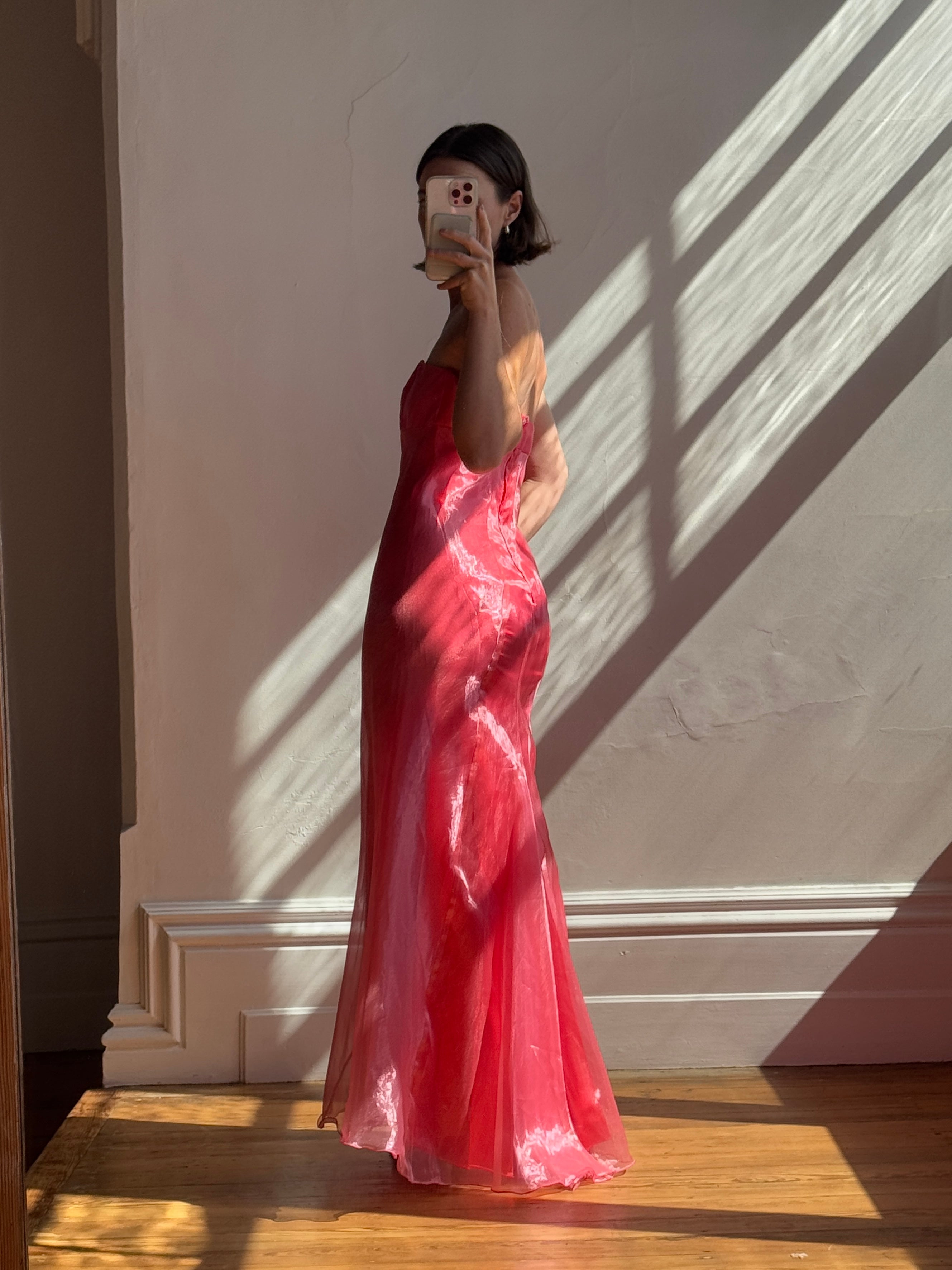 Vintage 90s Watermelon Shimmer Organza Strapless Gown