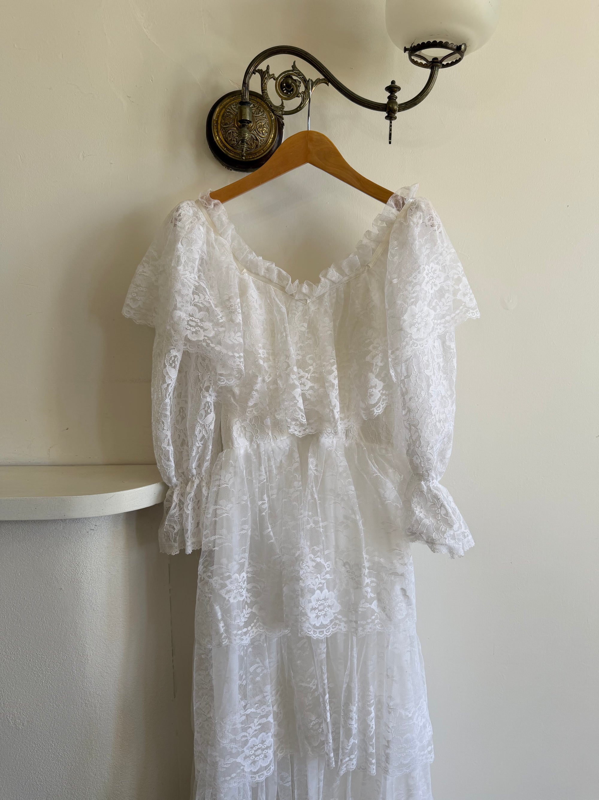 Vintage 70s Tiered Lace Wedding Dress Crisp White