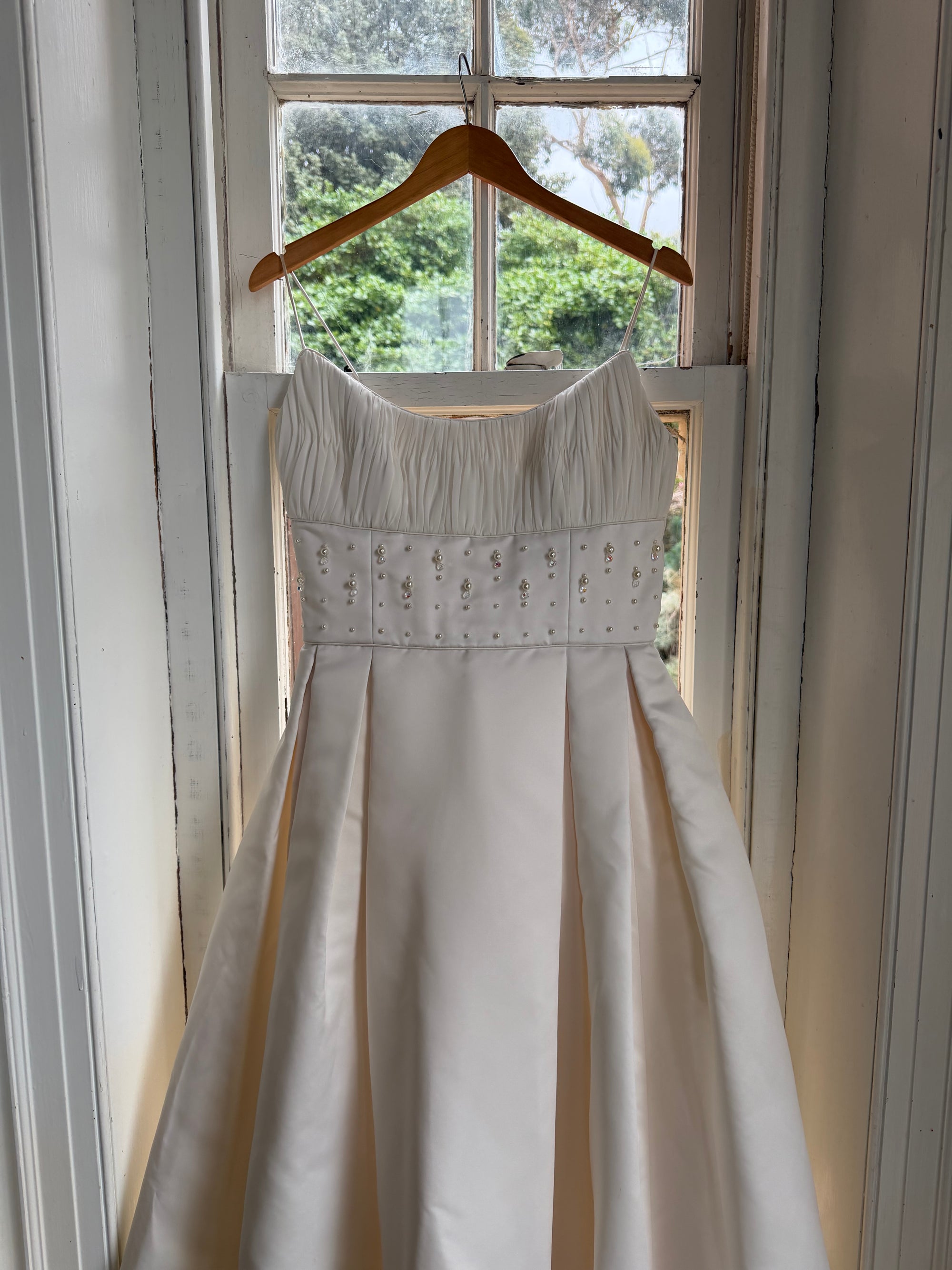 Vintage 90s Crystal Gathered Princess Satin Wedding Gown