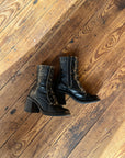 Vintage Y2K Square Toe Chunky Boots With Contrast Stitch Embroidery