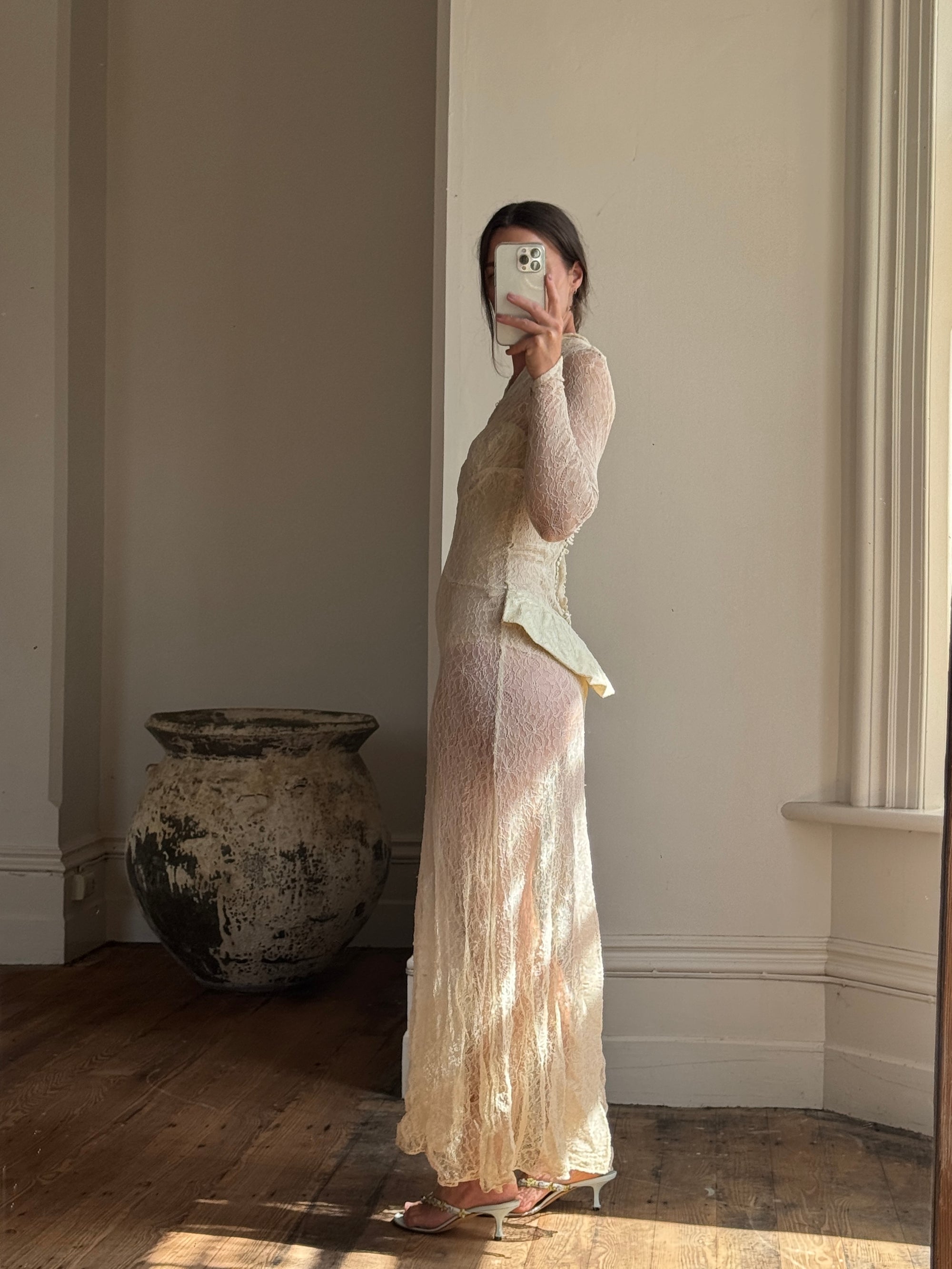 Vintage 20s Sheer Lace Bias Cut Wedding Gown