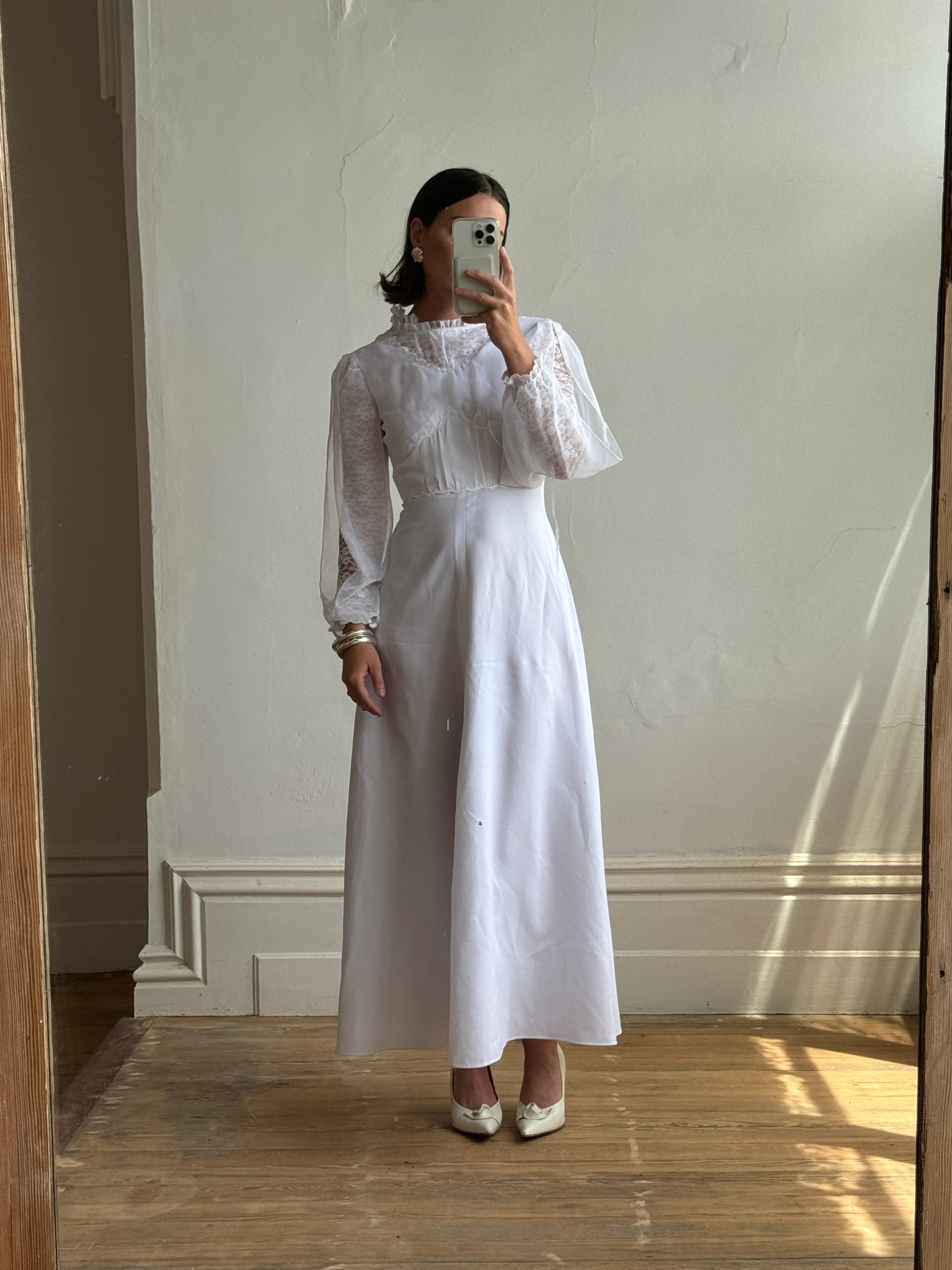 Vintage 70s Panelled Bridal Midi Dress Snow