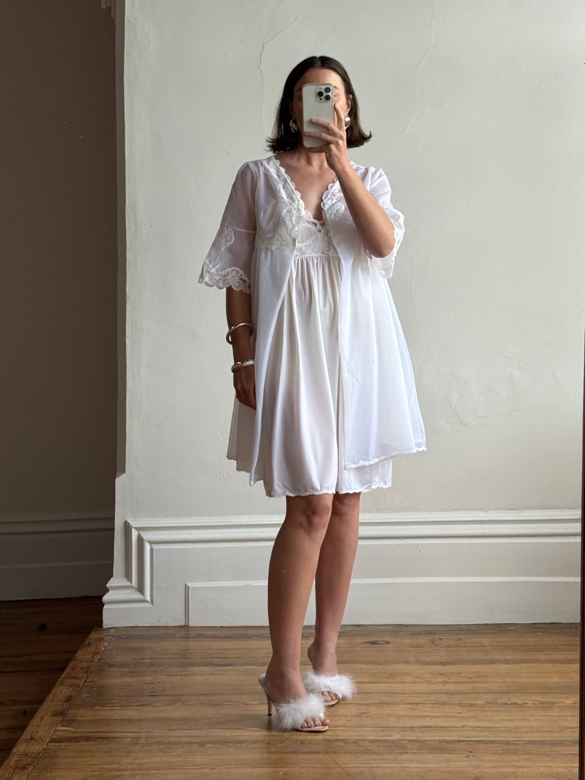 Vintage 80s Wedding Morning Lace Peignoir and Slip Set