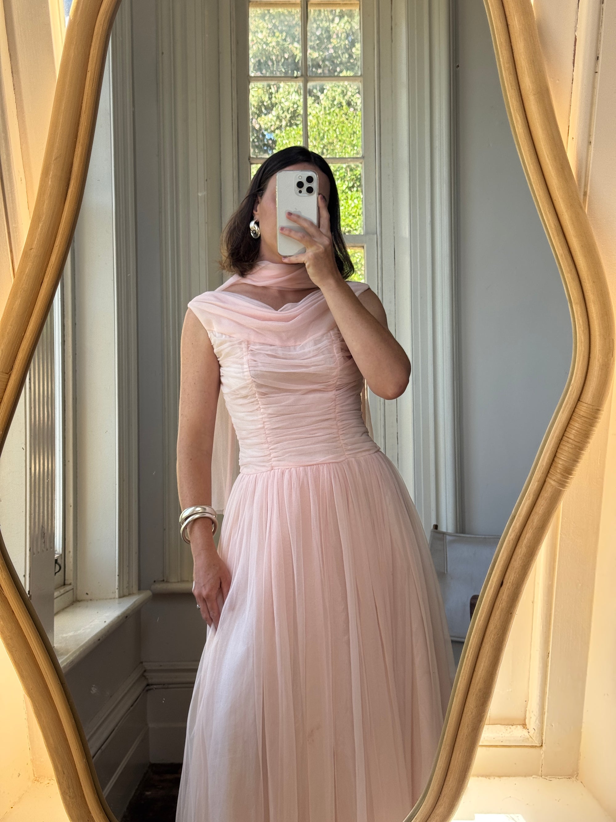 Vintage 60s Chiffon Gathered Pale Pink Maxi Gown