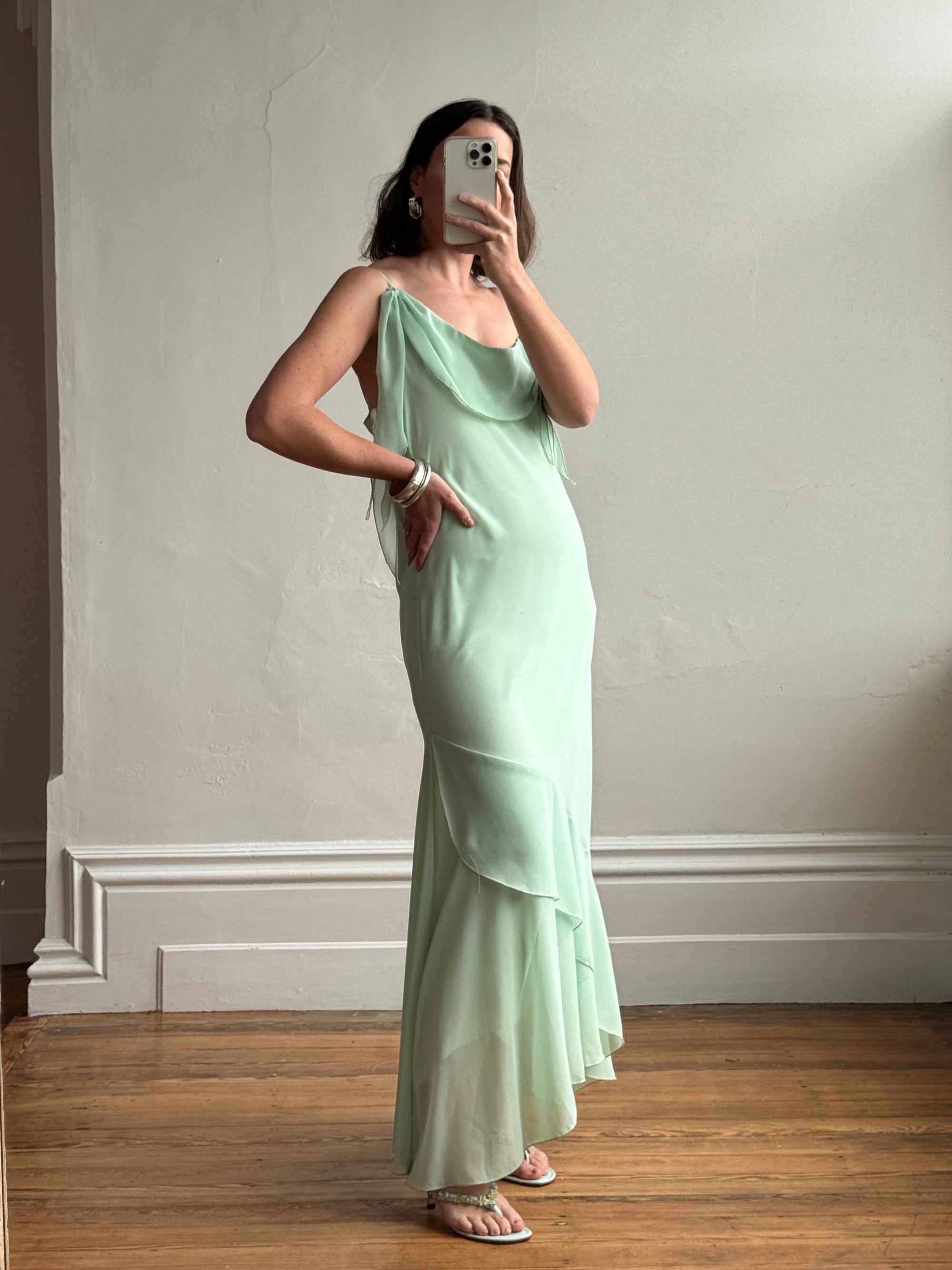 Vintage Y2K Asymmetric Chiffon Ruffle Dress Mint Green