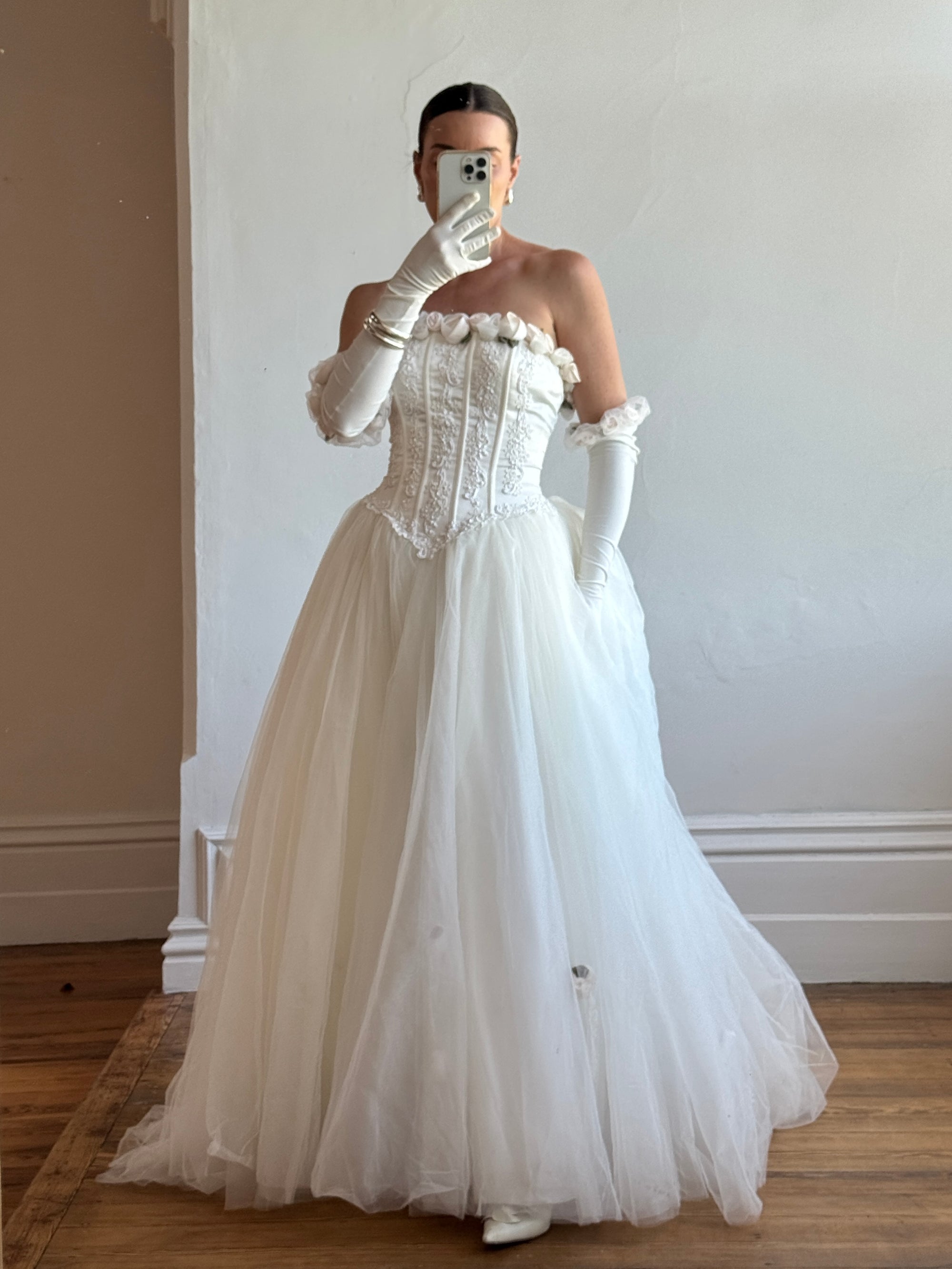 Vintage 90s Rosette Tulle Princess Wedding Gown with Gloves