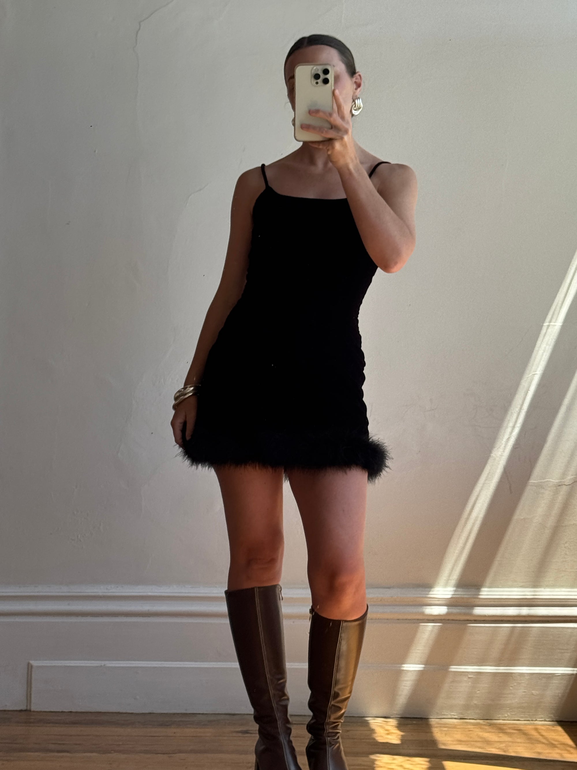 Vintage 90s Velvet Ostrich Feather Micro Mini Noir