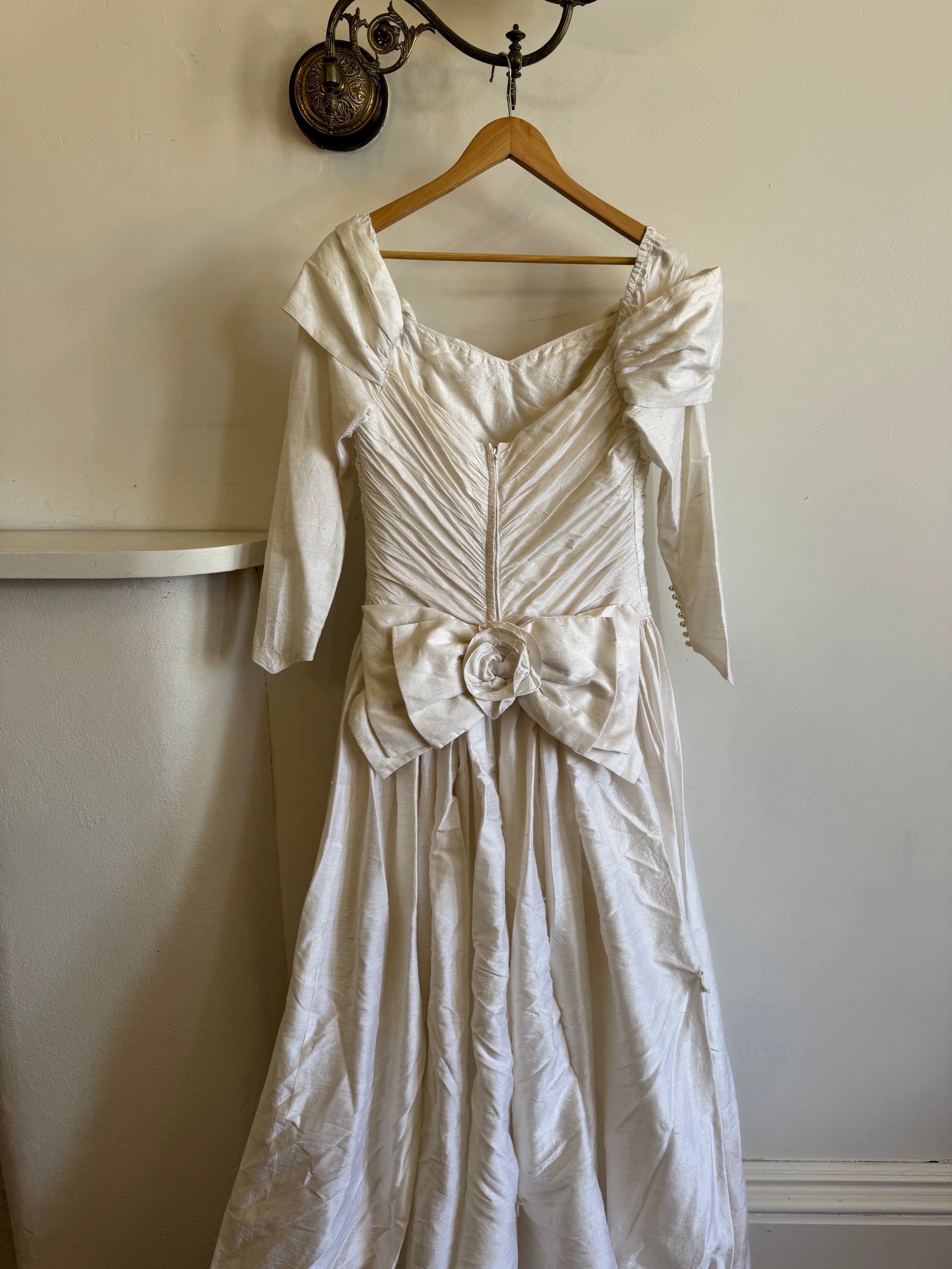Vintage 90s Pure Silk Rosette Off Shoulder Wedding Gown