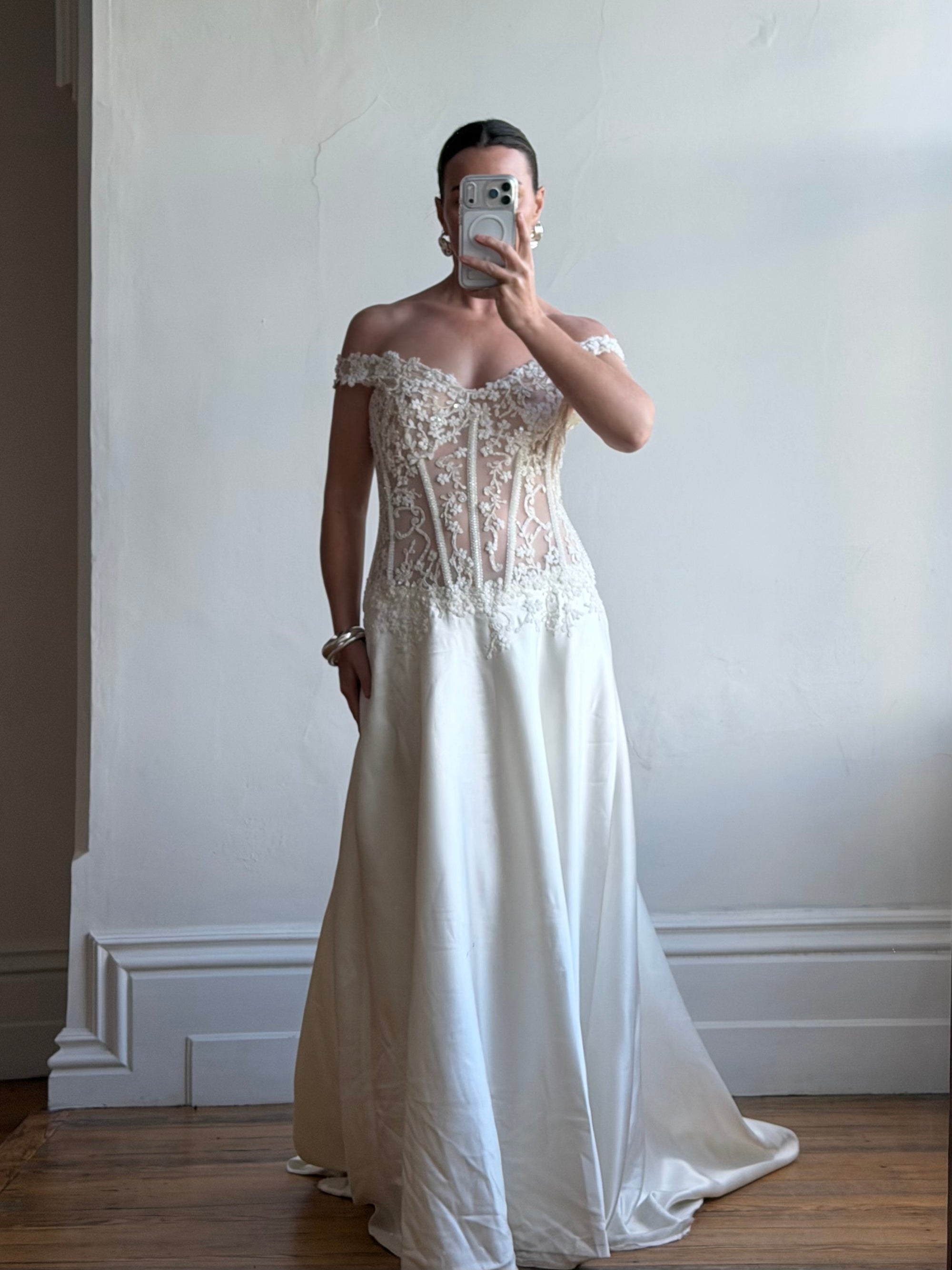 Vintage 90s Italian Naked Embroidered Satin Wedding Dress