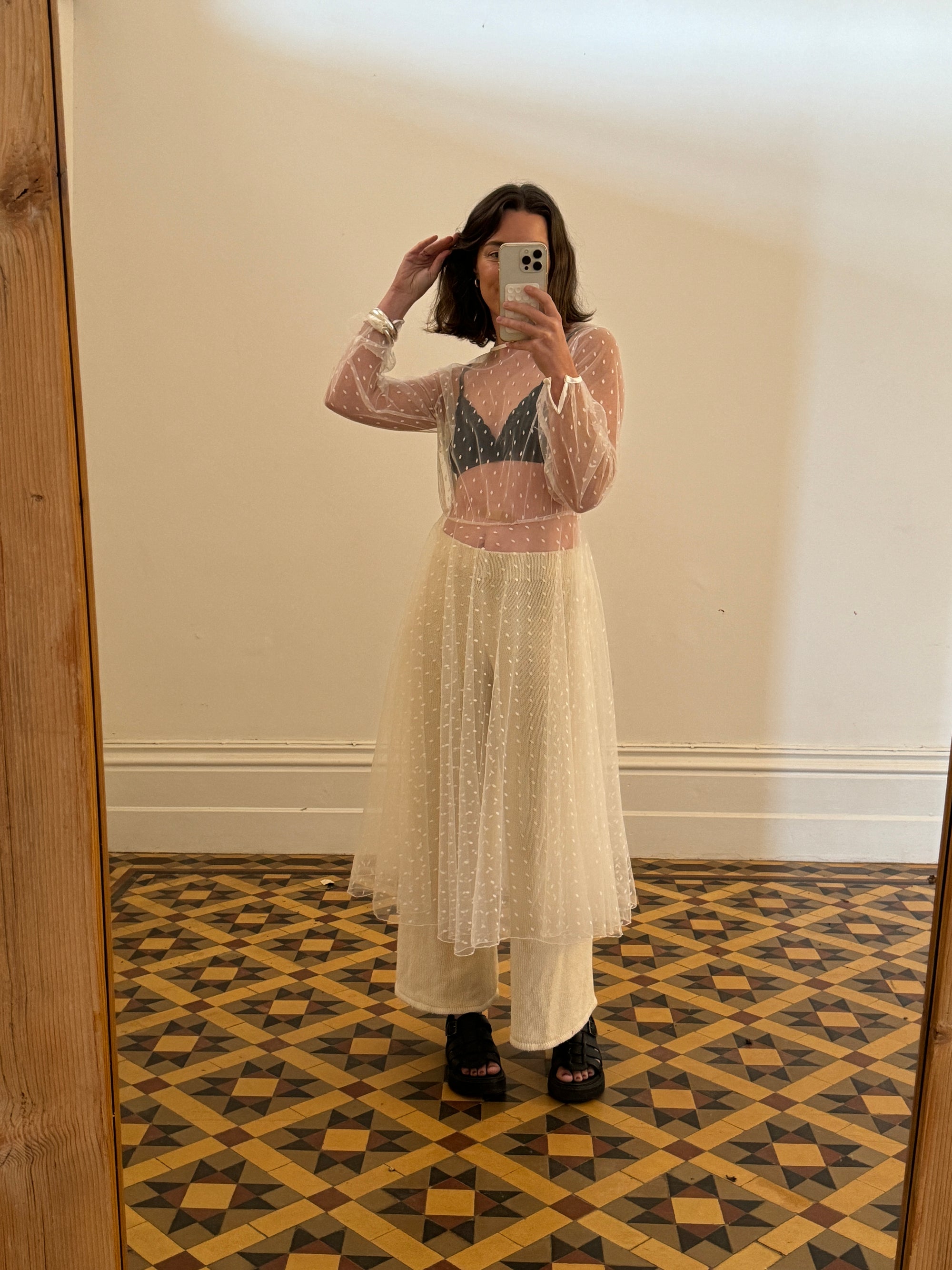 Vintage Long Sleeve Dress Sheer Polka