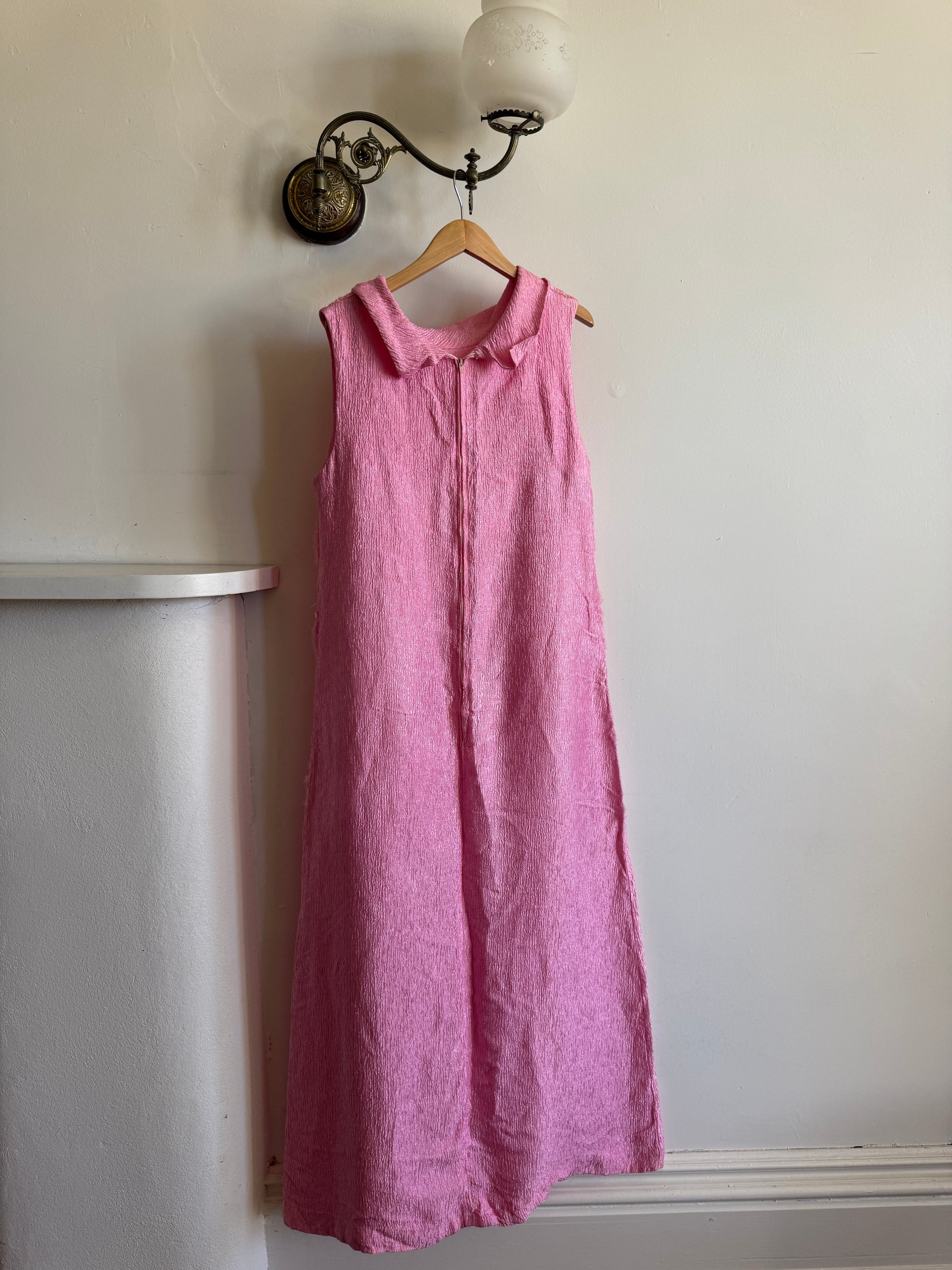 Vintage 80s Boat Neck Crinkle Dress Hot Pink