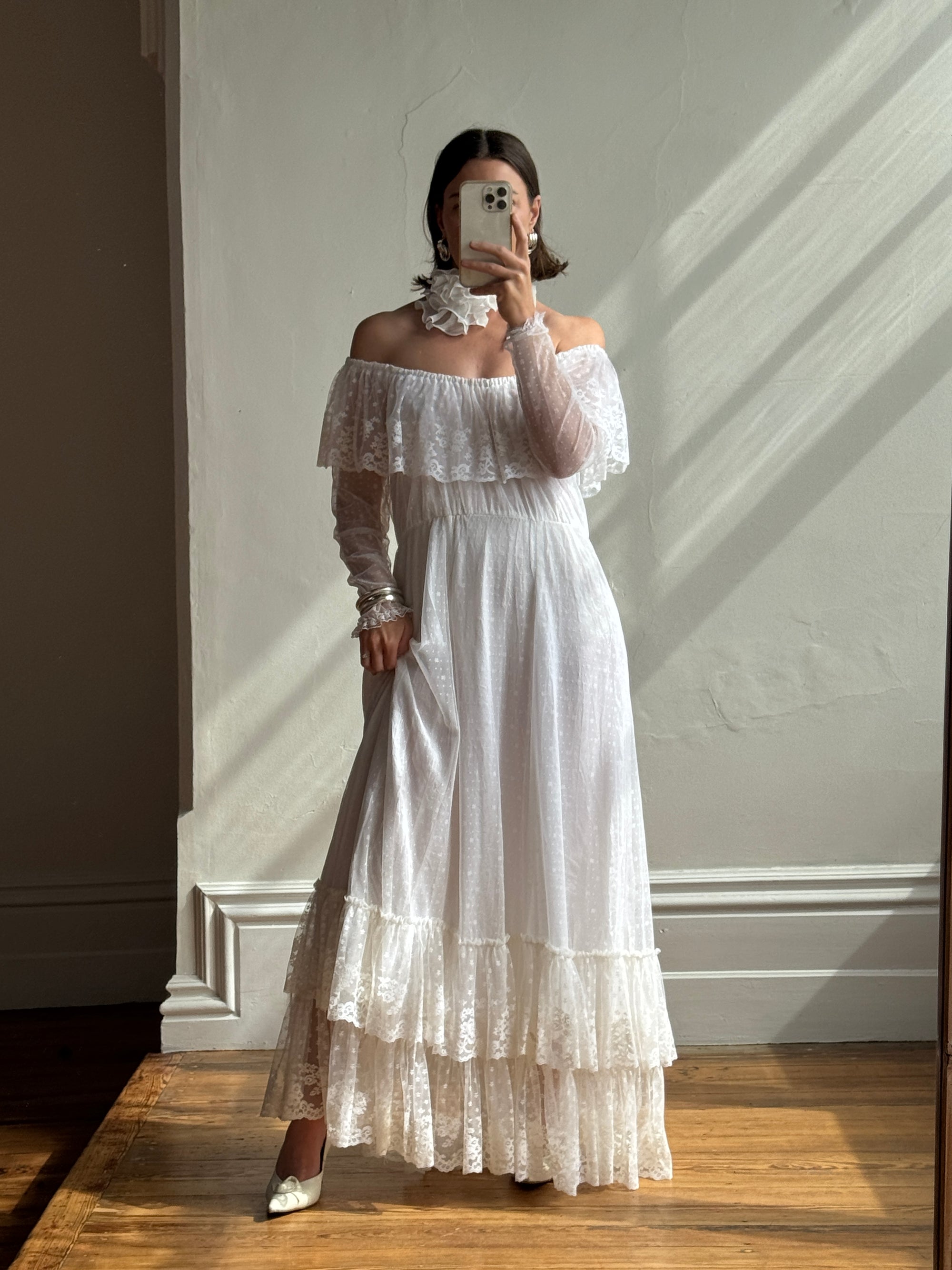 Vintage 70s Australian Made Off Lace Frill Wedding Gown